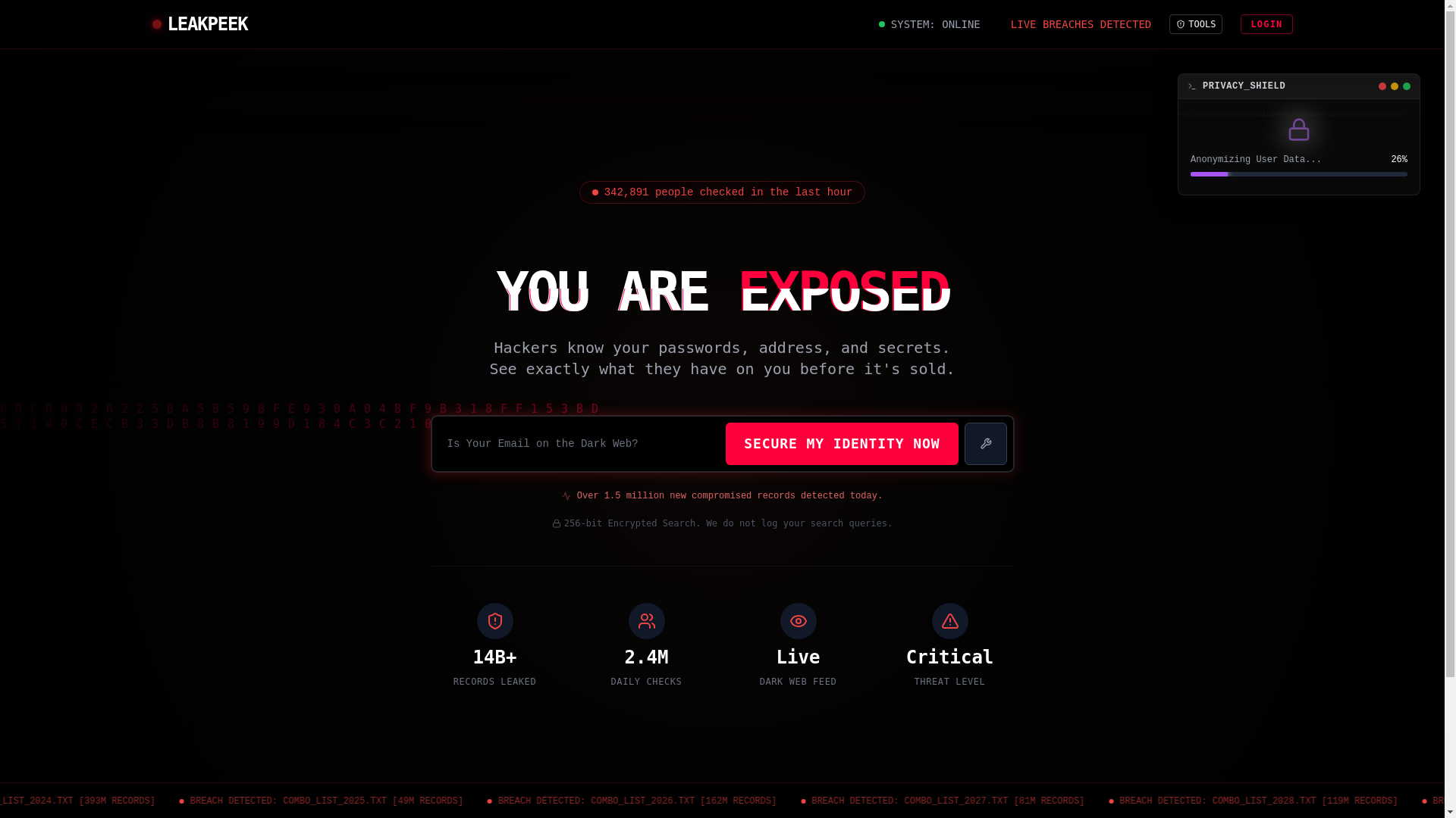 website screenshot of https://leakpeak.io/