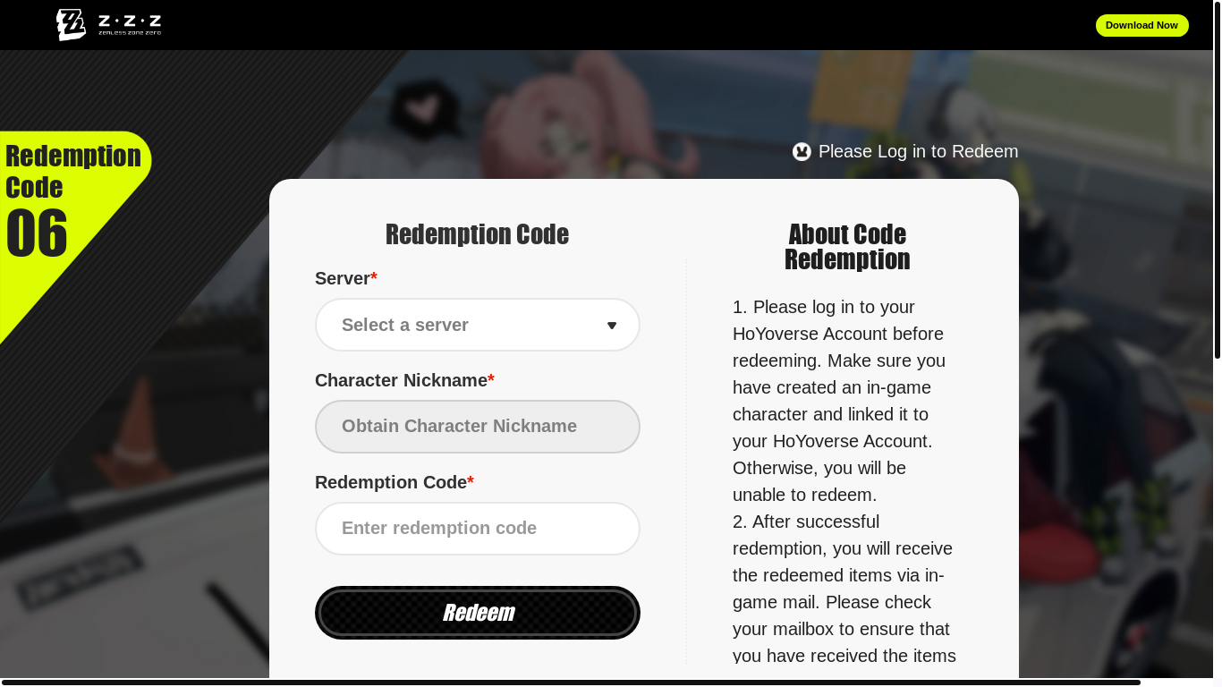 website screenshot of https://zenless.hoyoverse.com/redemption