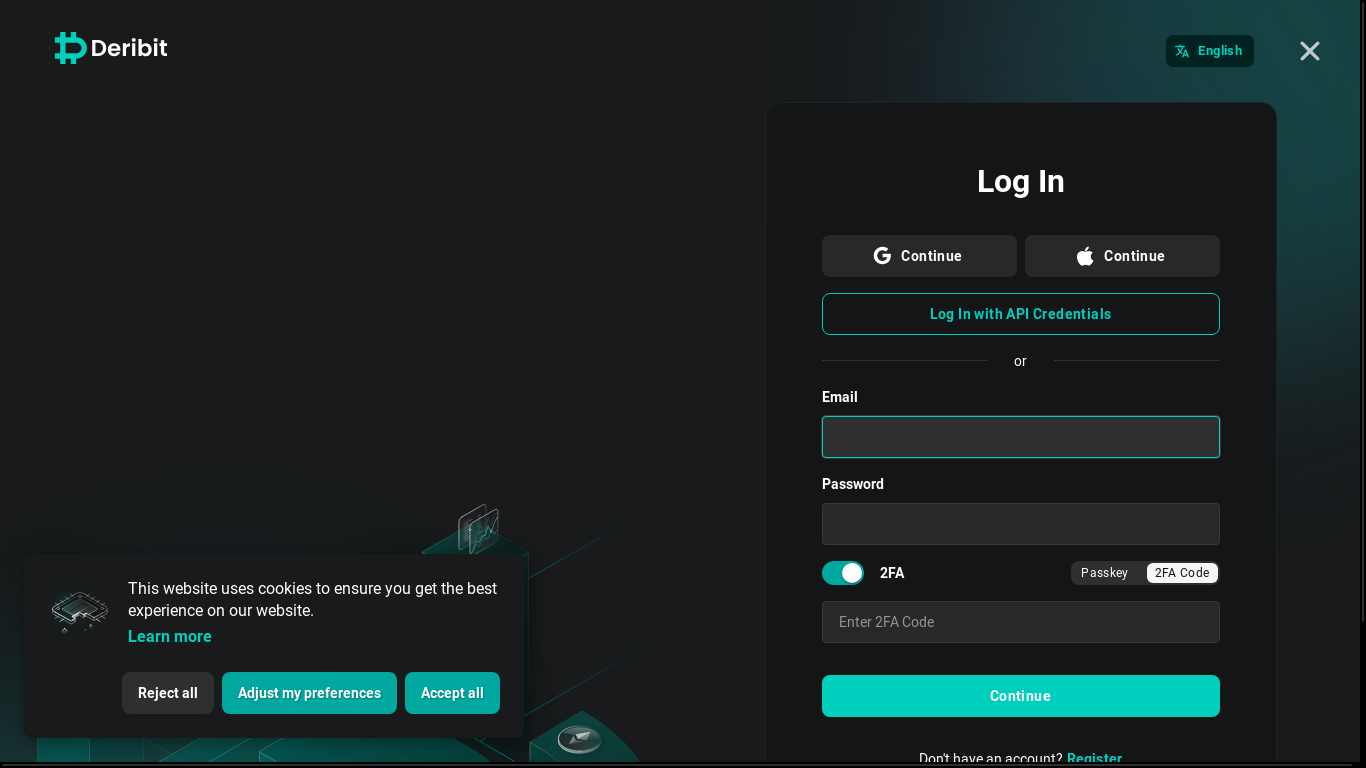 website screenshot of https://www.deribit.com/login
