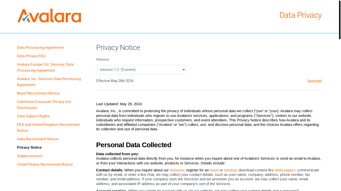 website screenshot of https://www.avalara.com/us/en/legal/privacy-policy.html