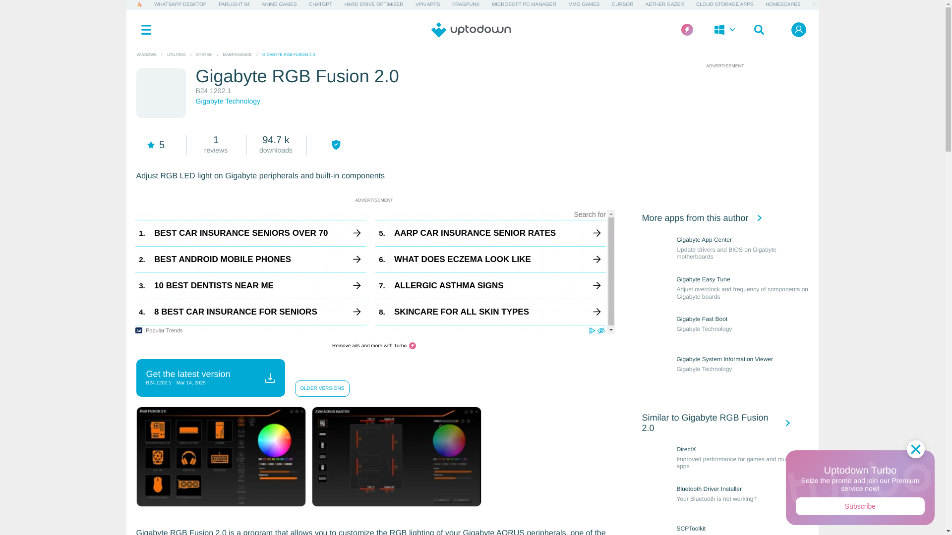 website screenshot of https://gigabyte-rgb-fusion-2-0.en.uptodown.com/windows