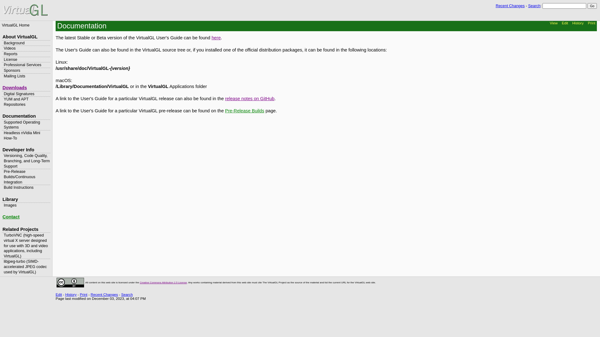 website screenshot of https://virtualgl.org/Documentation/Documentation