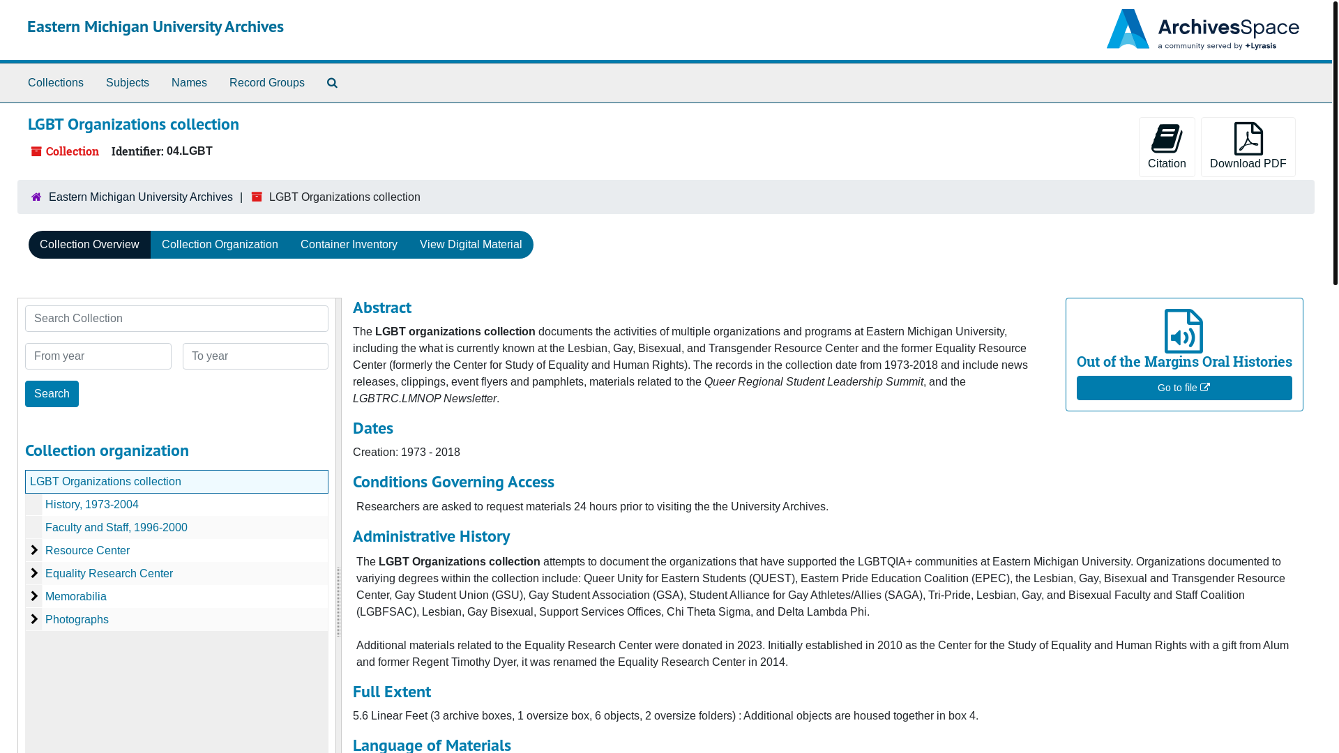website screenshot of https://aspace.emich.edu/repositories/2/resources/707