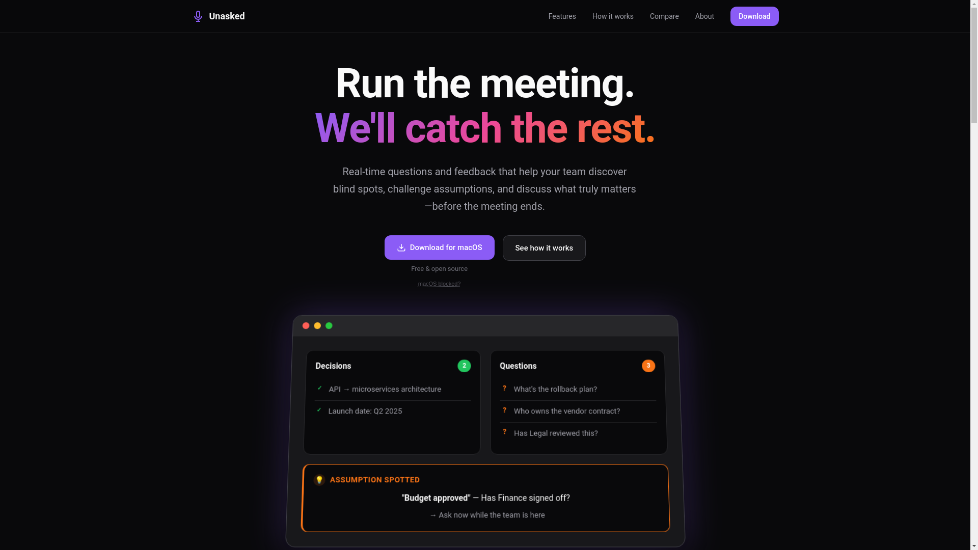 website screenshot of https://unasked.ai/
