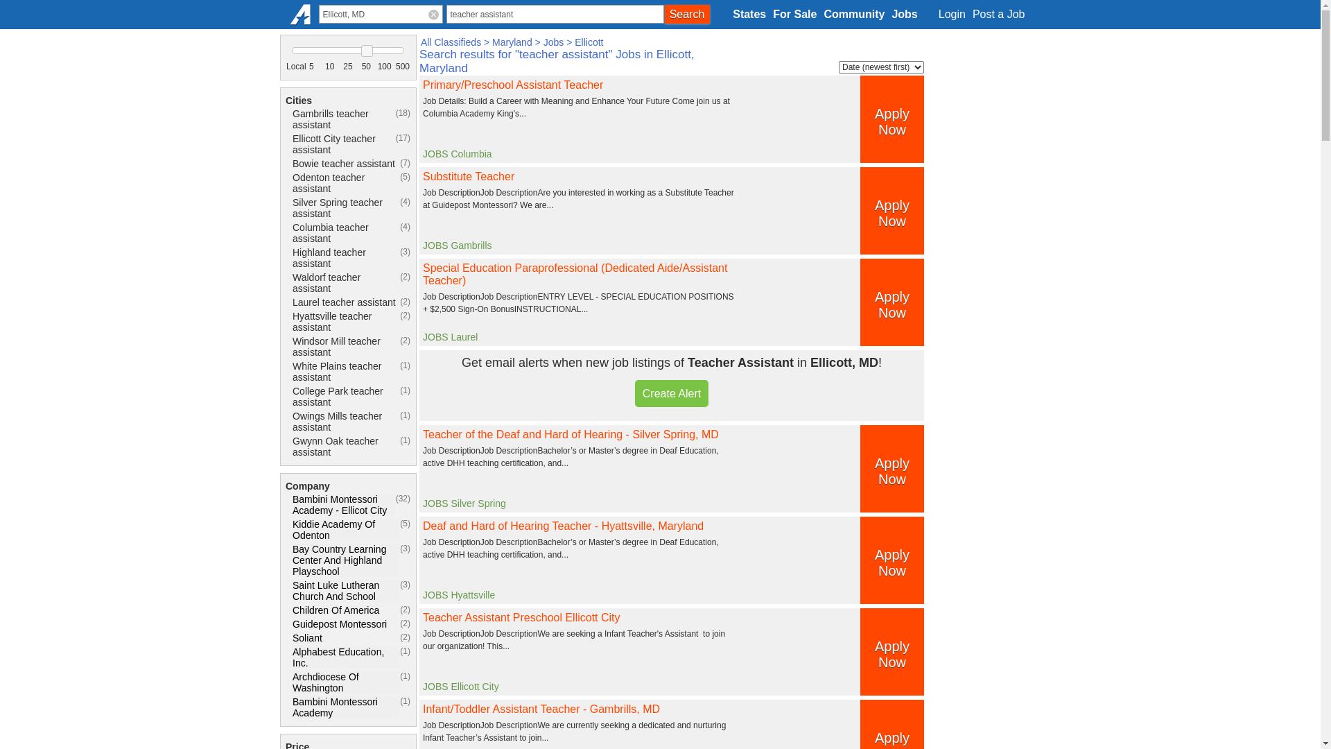 website screenshot of https://ellicott-md.americanlisted.com/jobs/teacher+assistant/