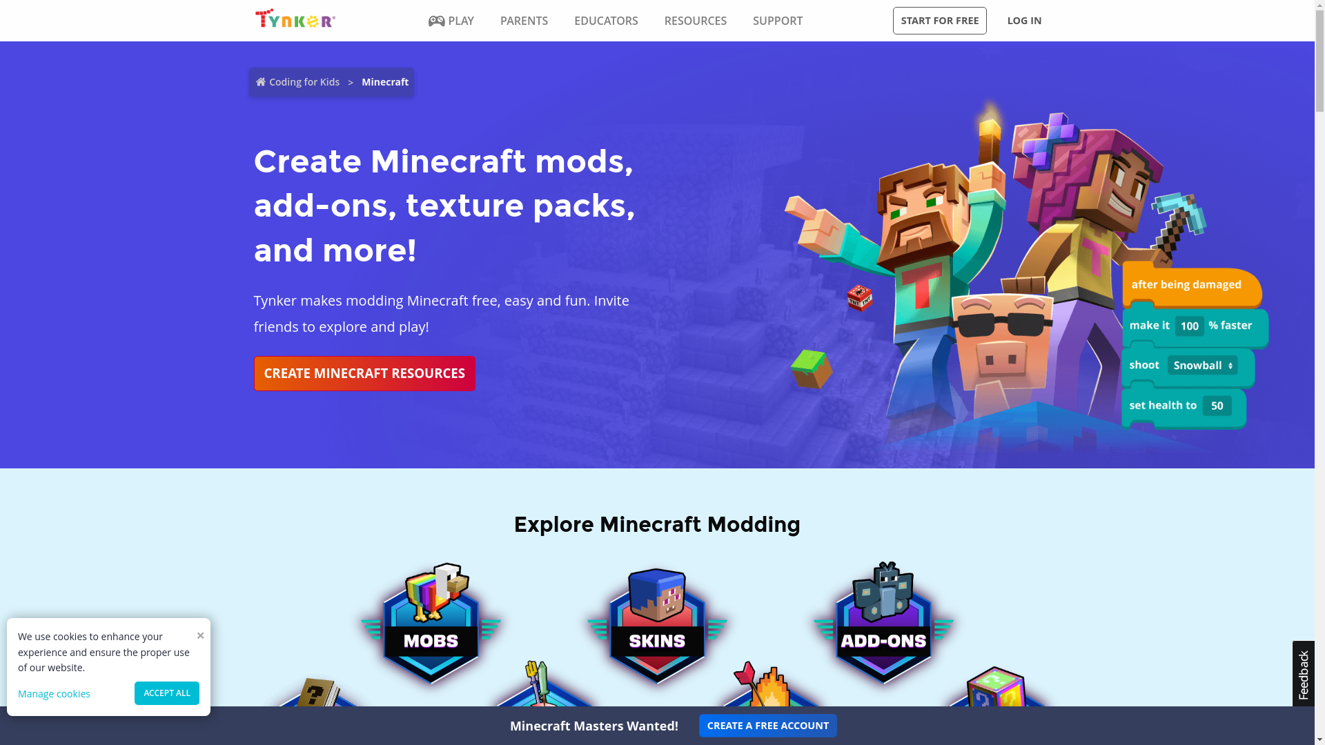 website screenshot of https://tynker.com/minecraft