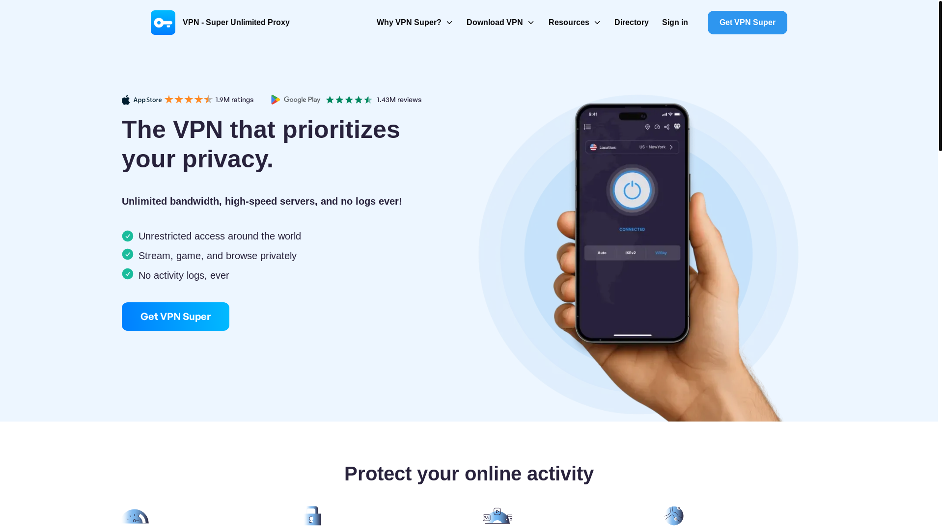 website screenshot of https://www.vpnsuper.com/