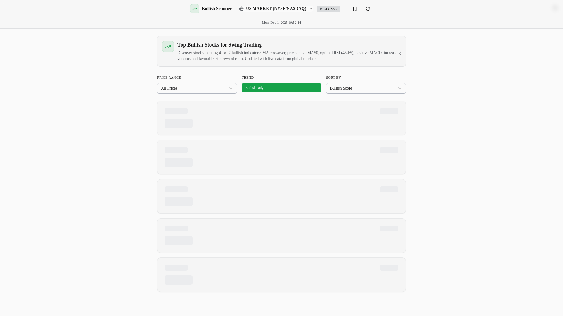website screenshot of https://bullishscanner.com/