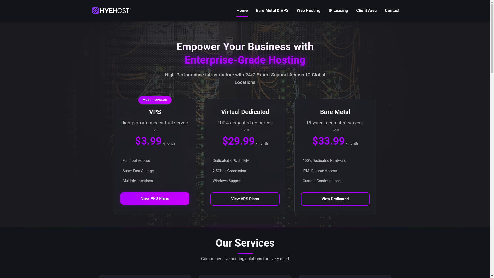 website screenshot of https://hyehost.org/