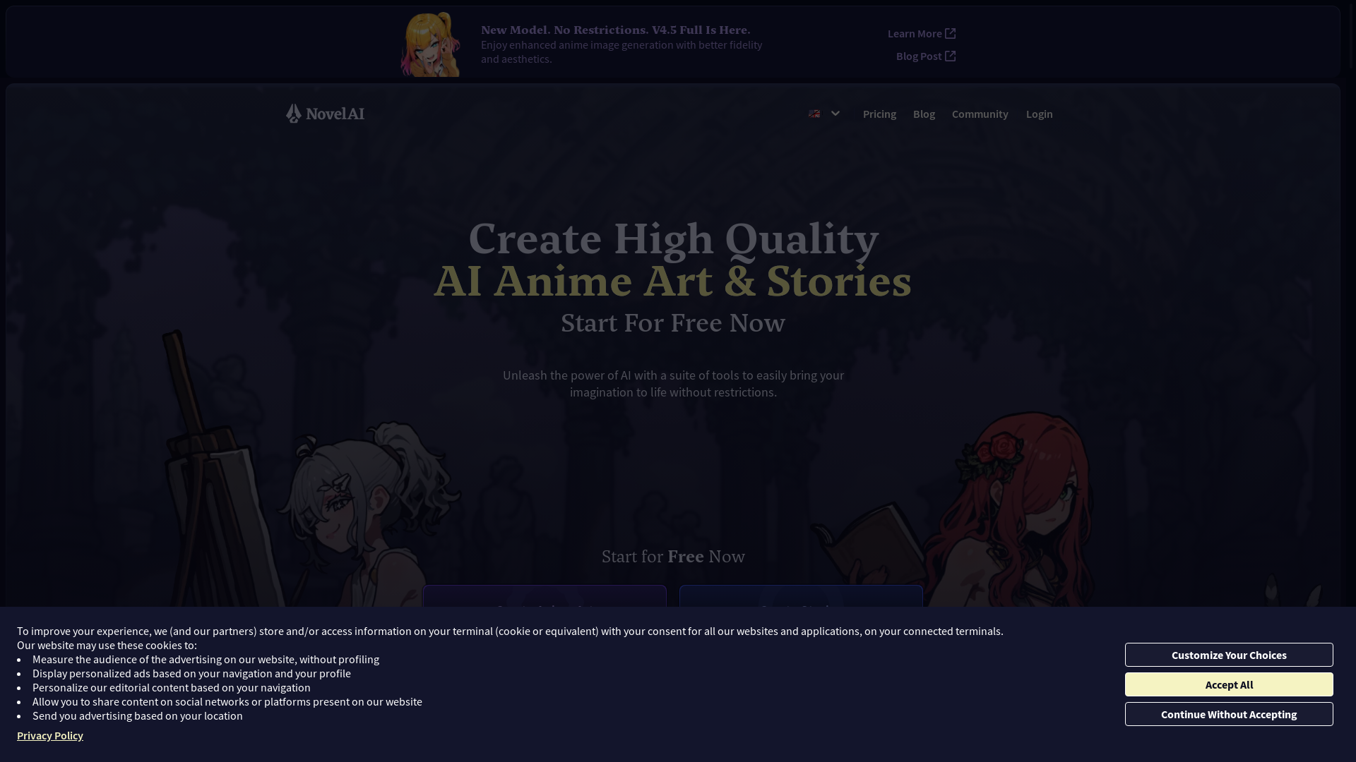 website screenshot of https://novelai.net