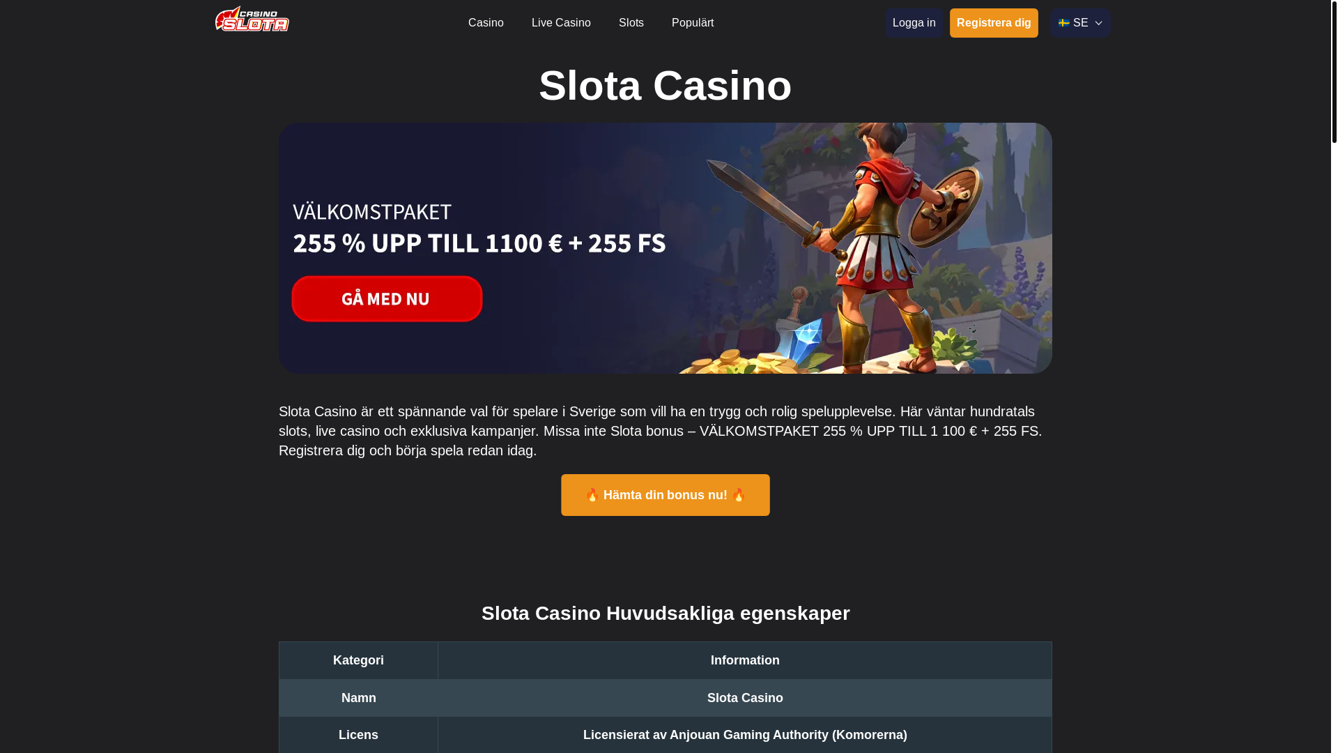website screenshot of https://slotacasino.se/