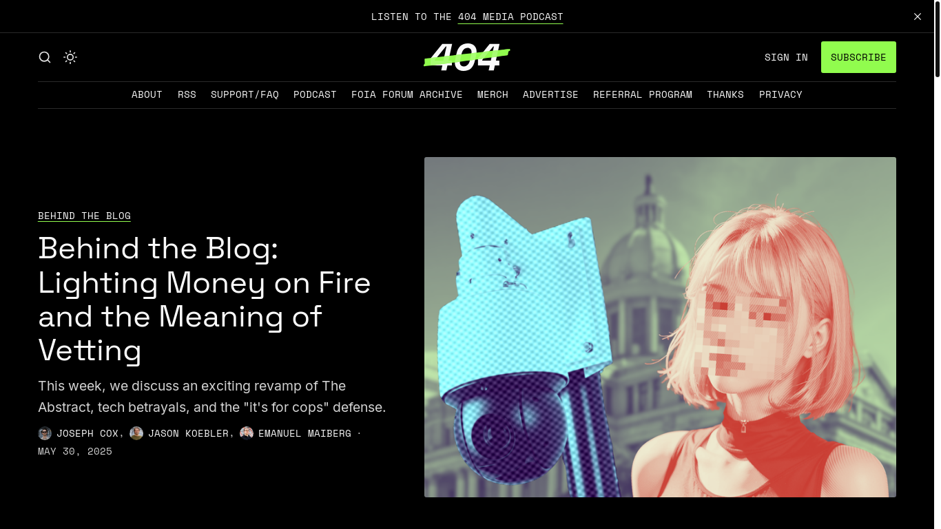 website screenshot of https://www.404media.co/