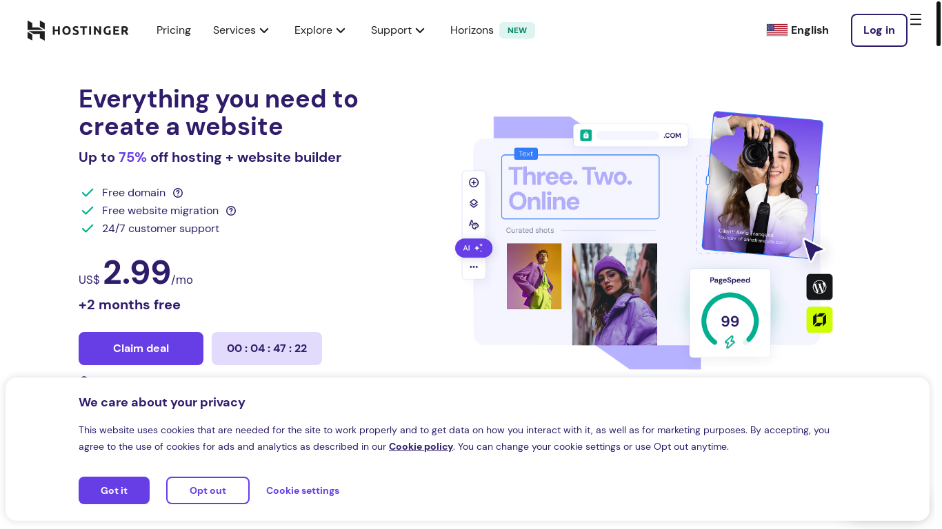 website screenshot of https://hostinger.com/