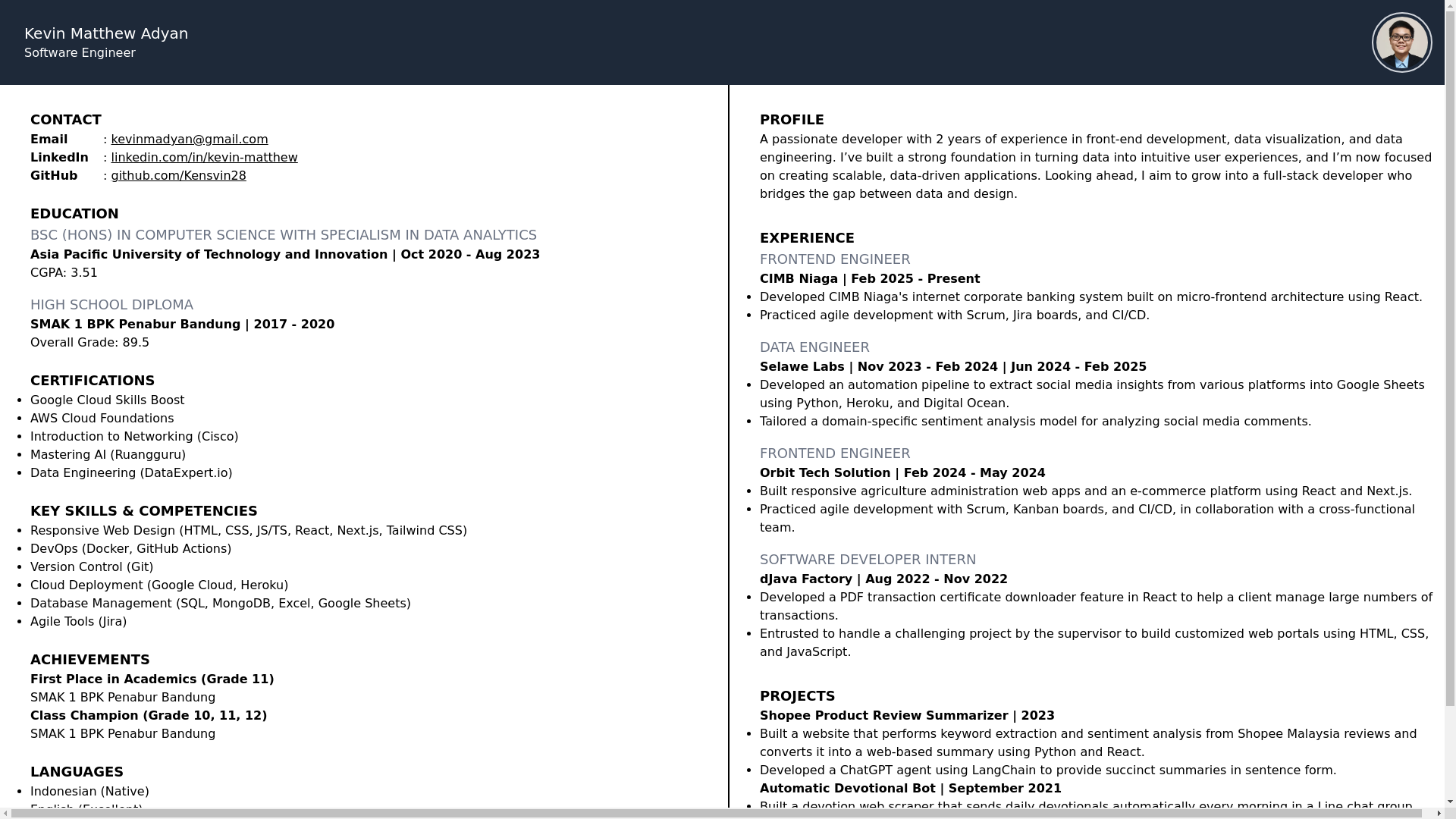 website screenshot of https://kevin-matthew-adyan-cv.pages.dev/