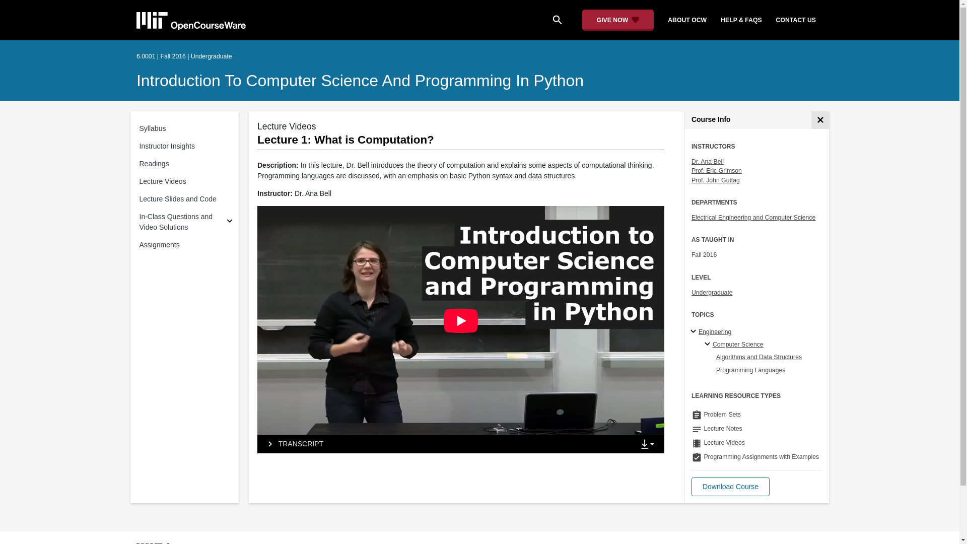 website screenshot of https://ocw.mit.edu/courses/6-0001-introduction-to-computer-science-and-programming-in-python-fall-2016/resources/lecture-1-what-is-computation/