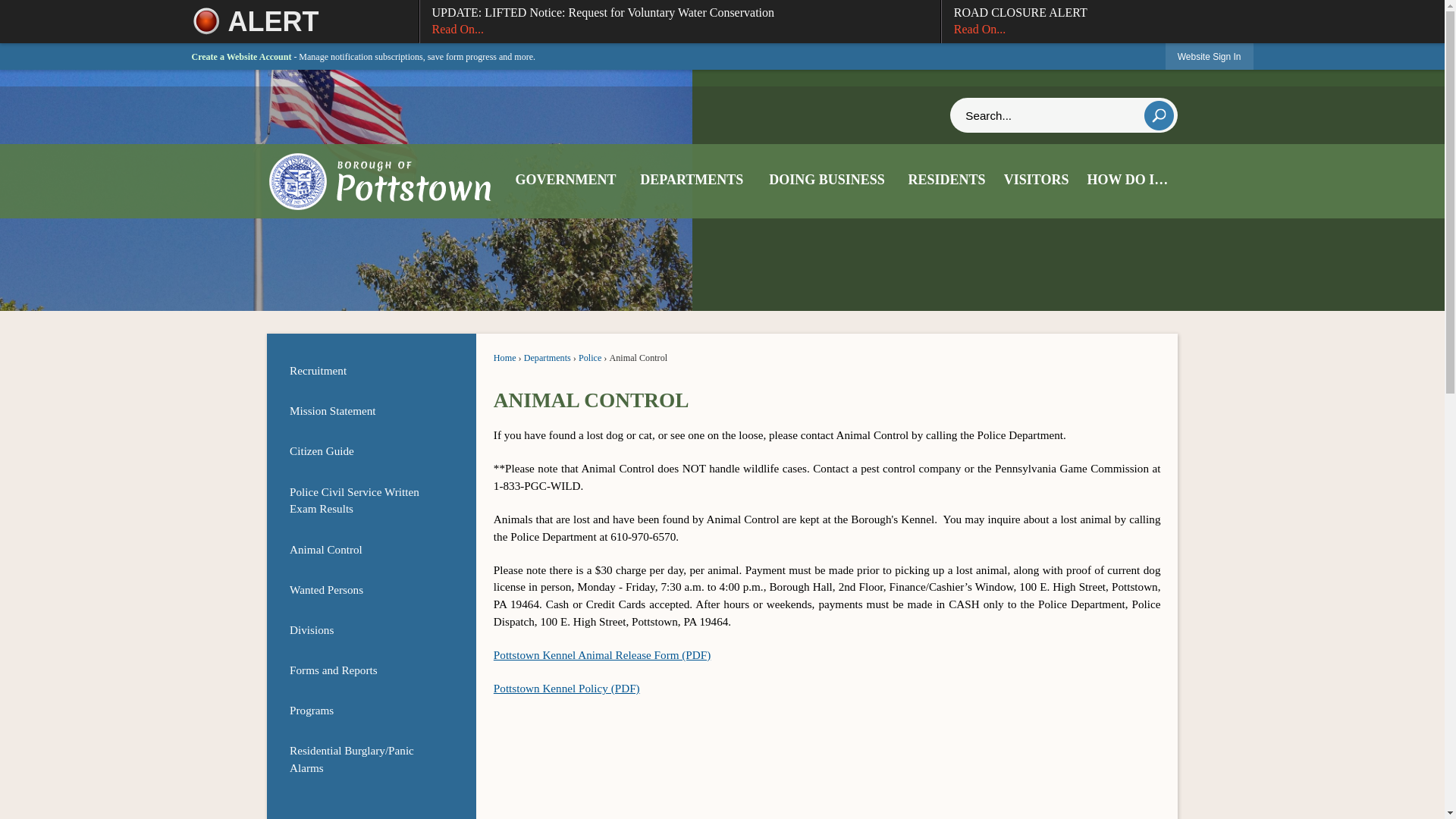 website screenshot of https://www.pottstown.org/142/Animal-Control