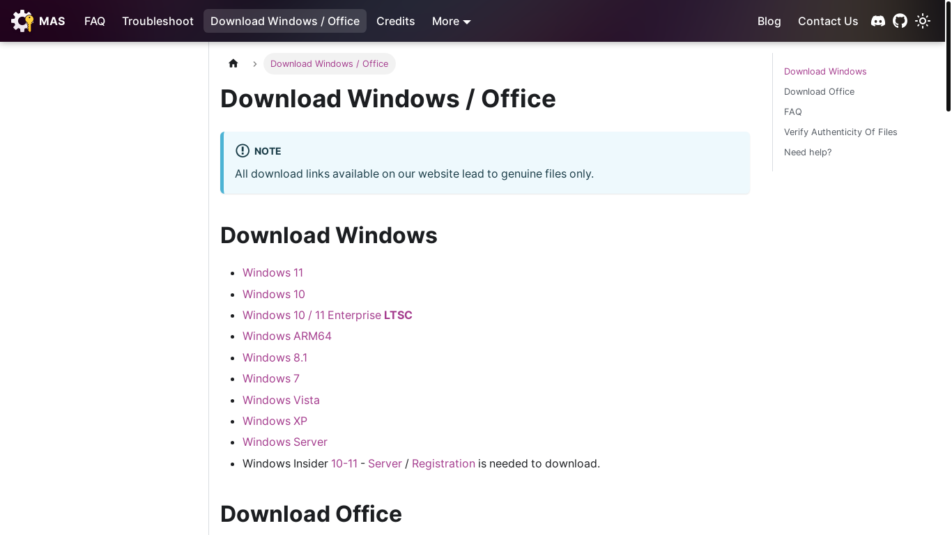 website screenshot of https://massgrave.dev/genuine-installation-media