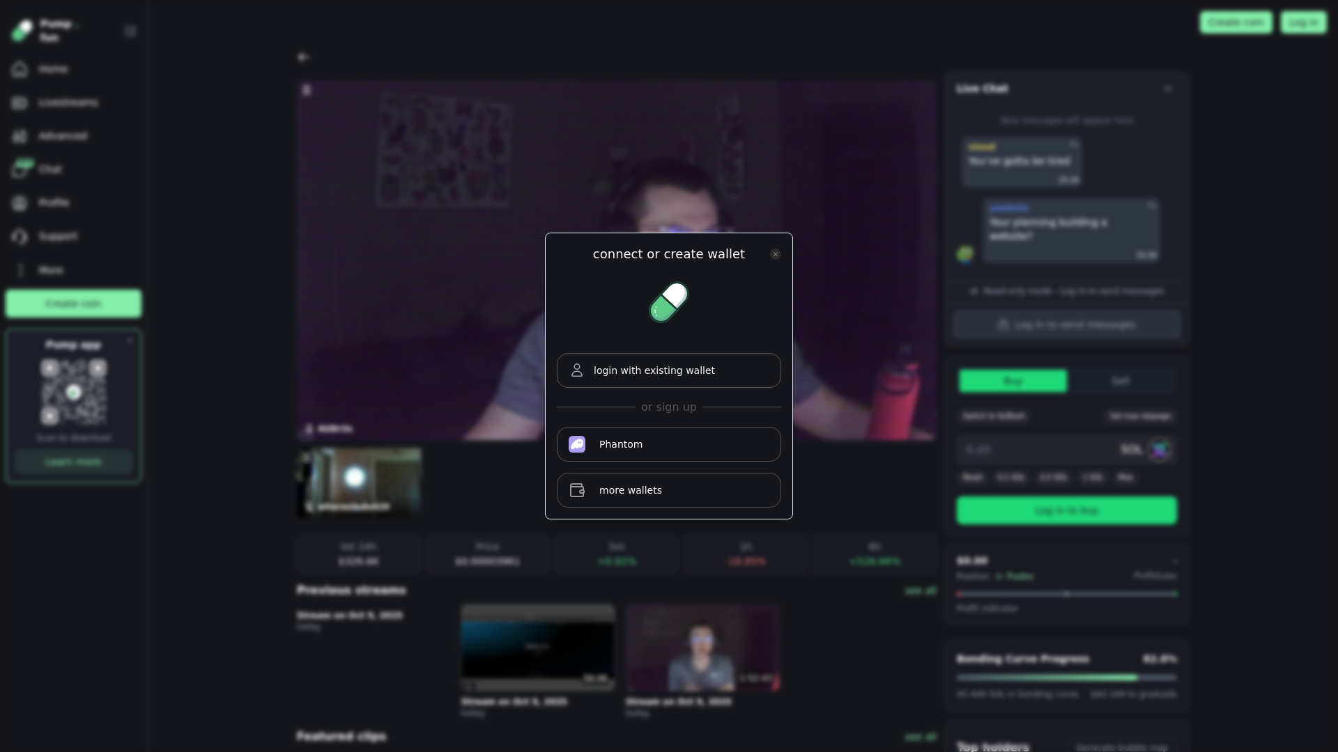 website screenshot of https://pumpfunstreams.live/