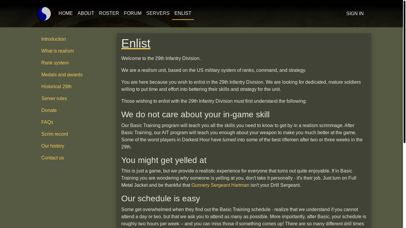 website screenshot of https://www.29th.org/enlist