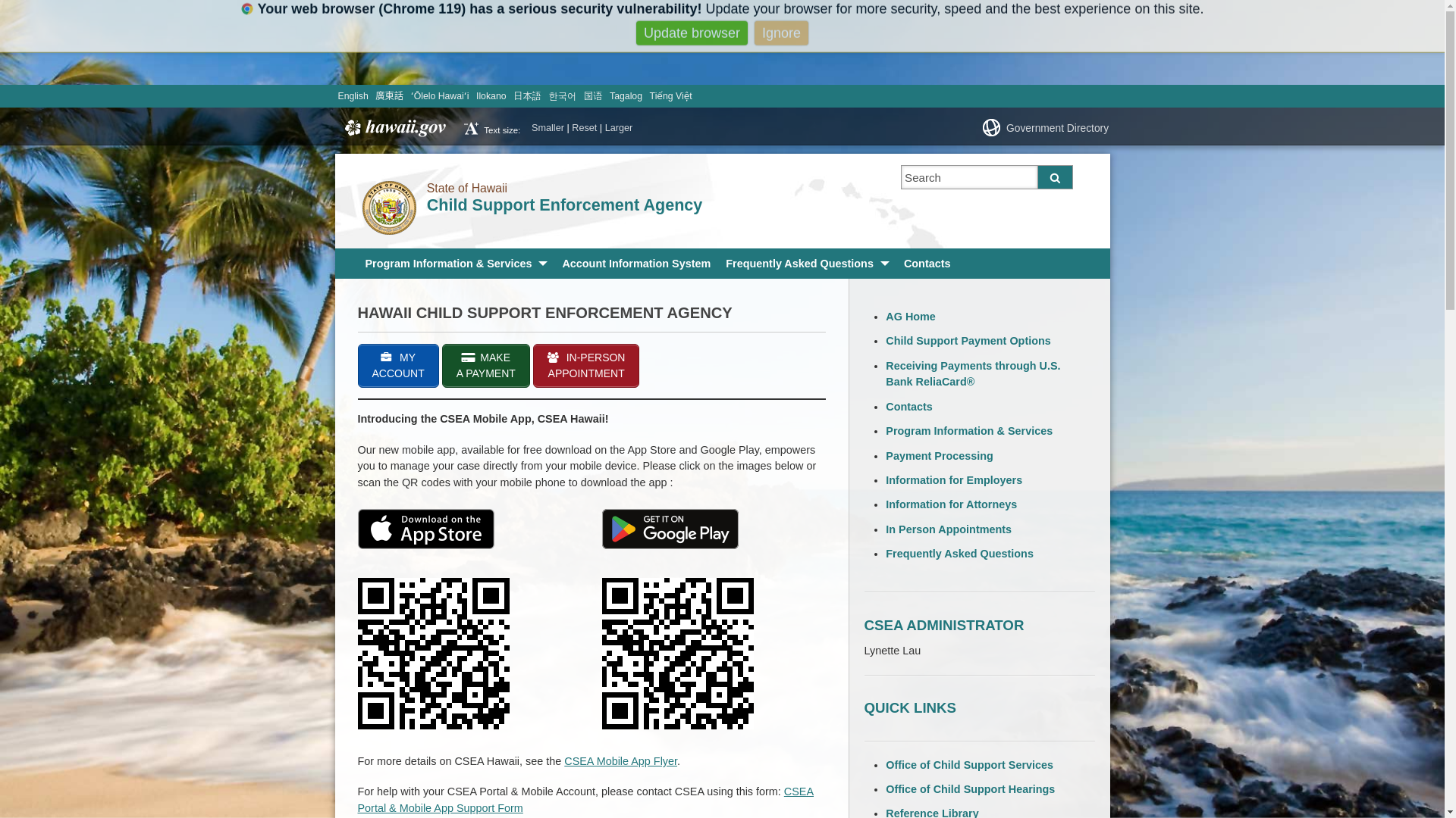 website screenshot of https://ag.hawaii.gov/csea/