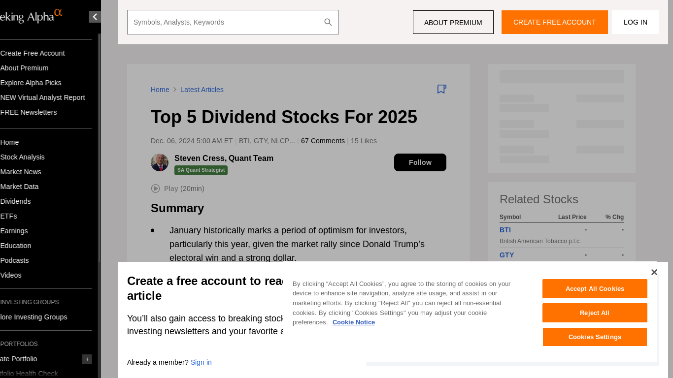 website screenshot of https://seekingalpha.com/article/4742474-top-5-dividend-stocks-for-2025?source=acquisition_campaign_bing&campaign_id=676718844&internal_promotion=true&utm_source=bing&utm_medium=cpc&utm_campaign=676718844&utm_term=1156688138500370^dat-2324092704454783:loc-4109^b^^^^o&hsa_grp=1156688138500370&hsa_ad=&hsa_src=o&hsa_tgt=dat-2324092704454783:loc-4109&hsa_kw=https%3A%2F%2Fseekingalpha.com&hsa_mt=b&hsa_net=bing&hsa_ver=3&msclkid=d796aae361fb181e4cbdc2b191112808&utm_content=Seeking_alpha_all