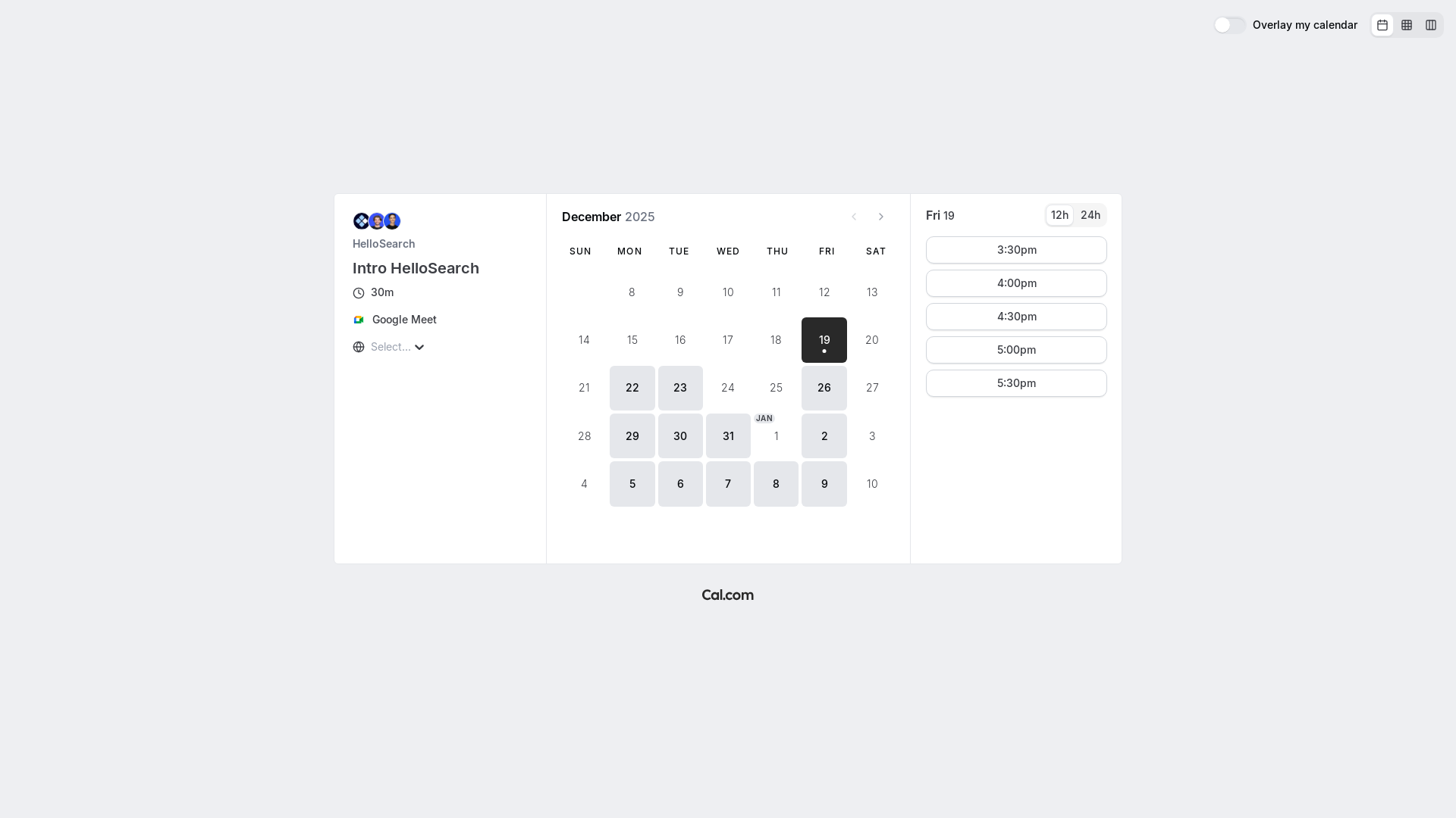 website screenshot of https://app.cal.eu/team/hellosearch/intro-hellosearch