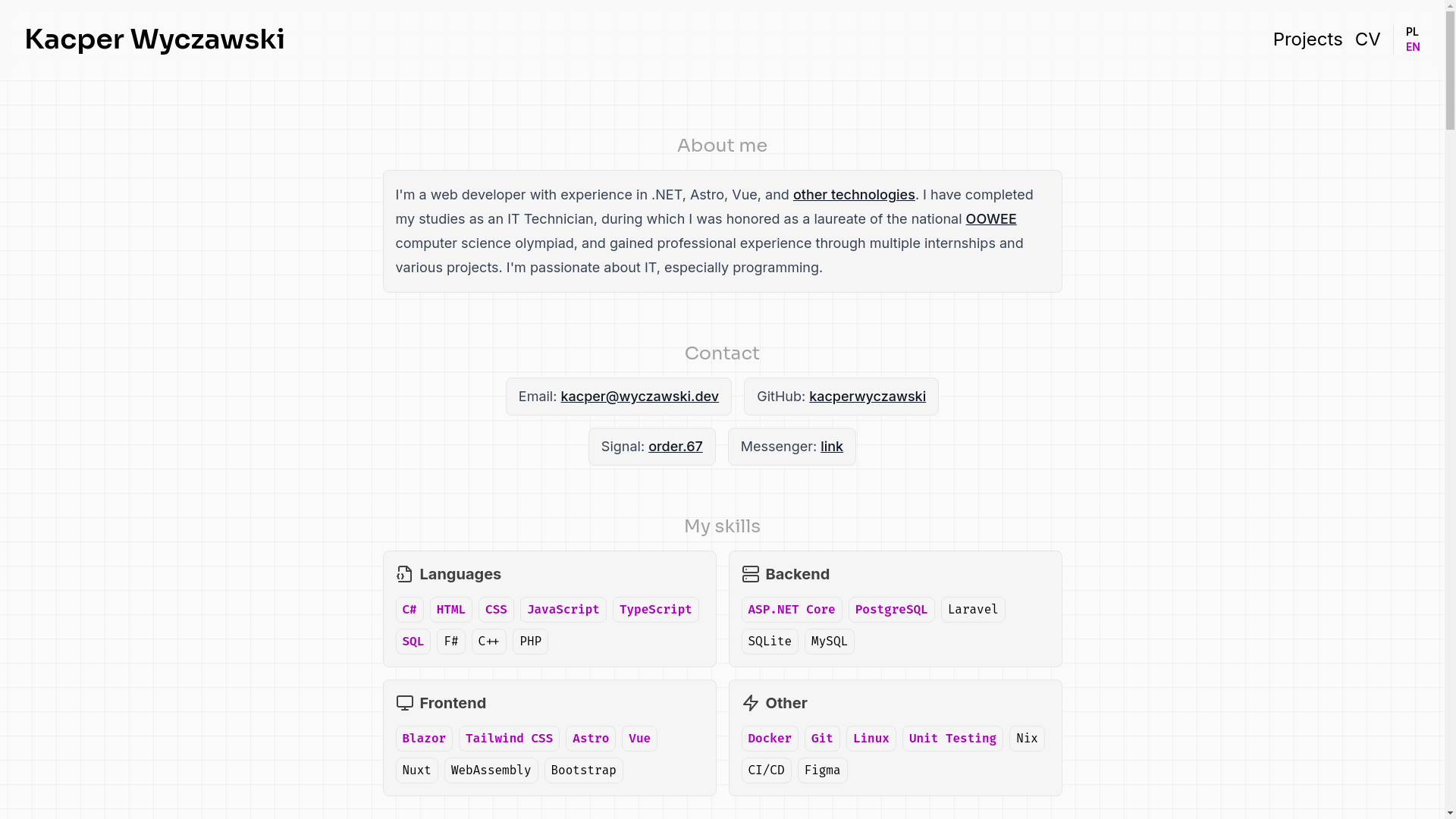 website screenshot of https://wyczawski.dev/