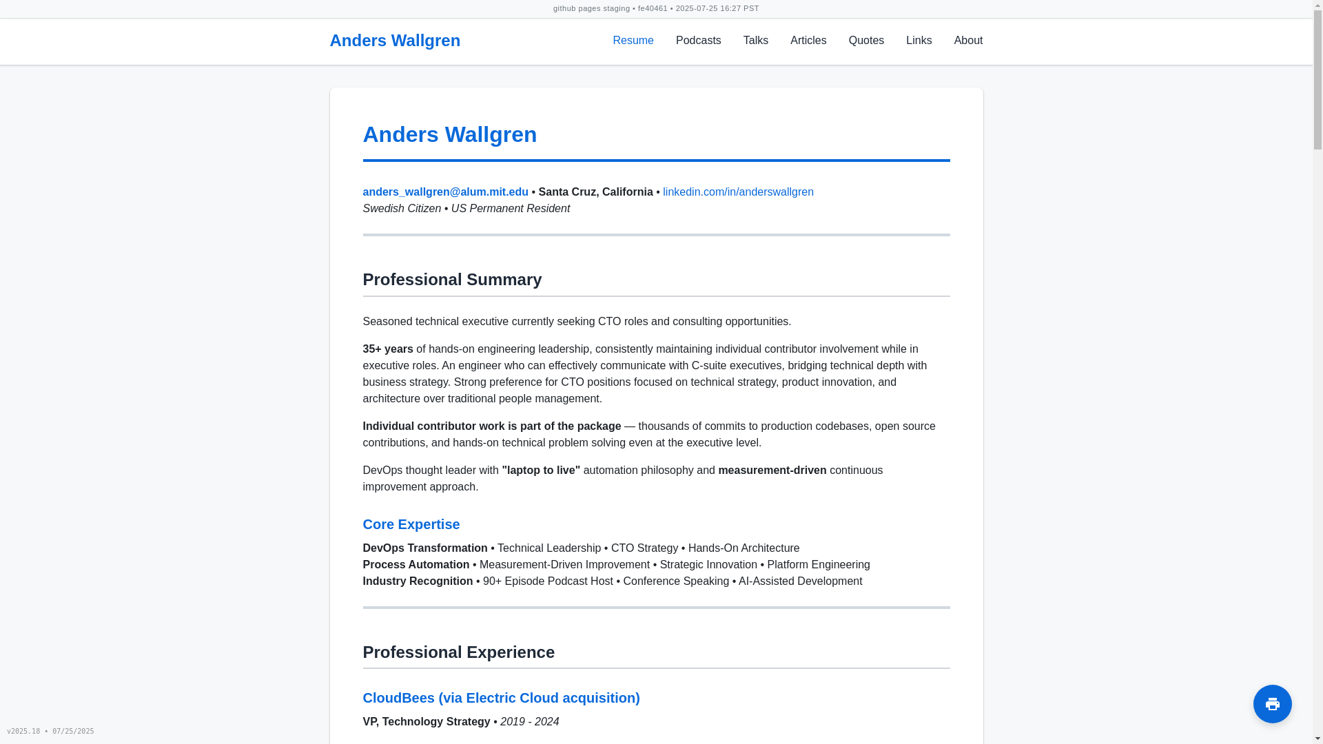 website screenshot of https://awallgren.github.io/resume/index.html