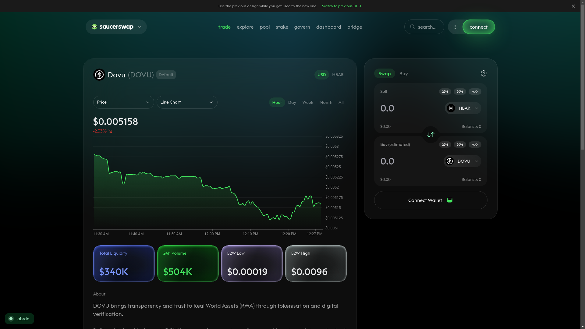 website screenshot of https://www.saucerswap.finance/trade/HBAR/0.0.3716059