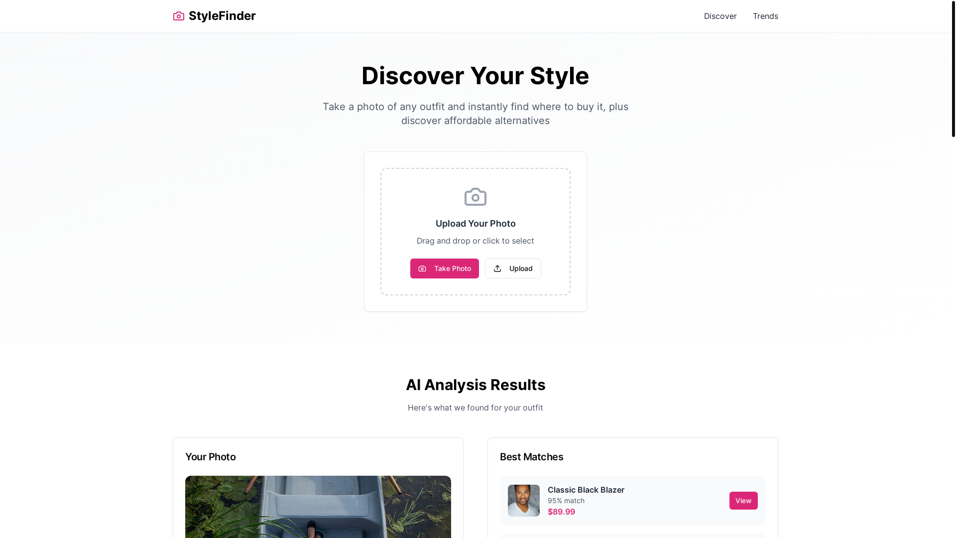 website screenshot of https://fashionfinderai.app/