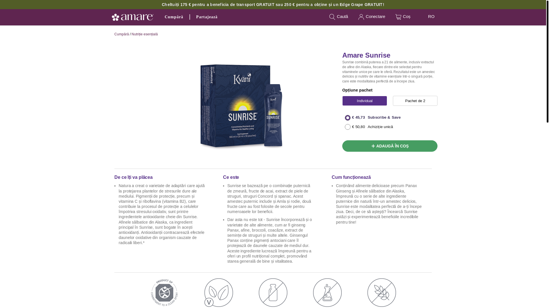 website screenshot of https://www.amare.com/corporate/ro-ro/sunrise