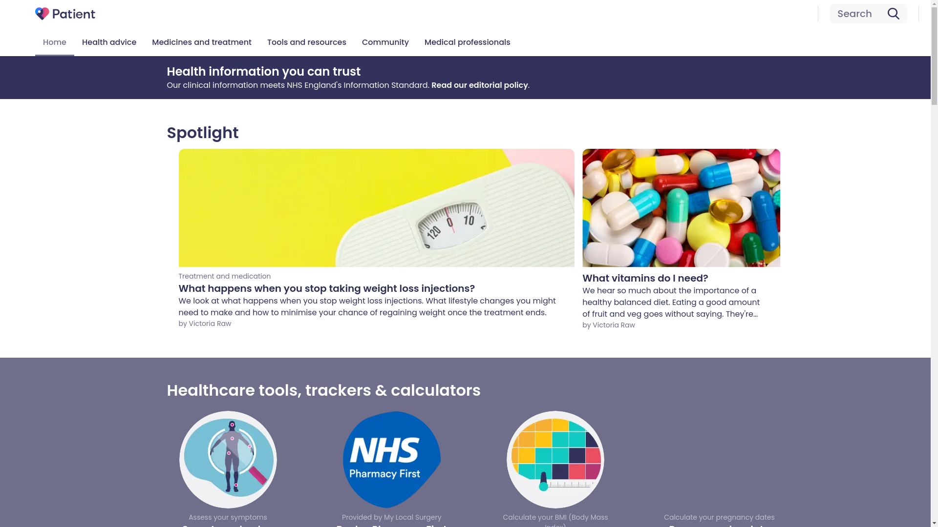 website screenshot of https://patient.co.uk
