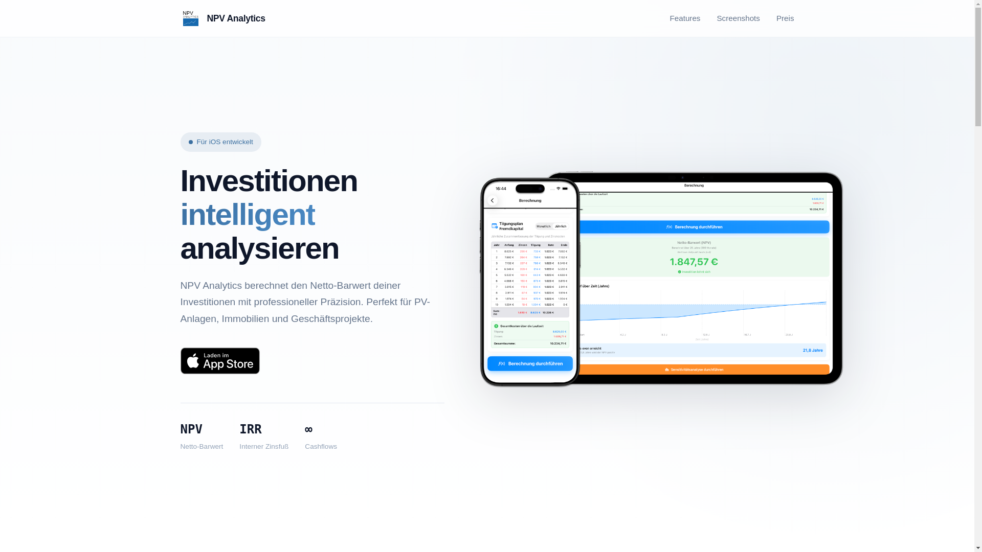 website screenshot of https://npv-analytics.de/
