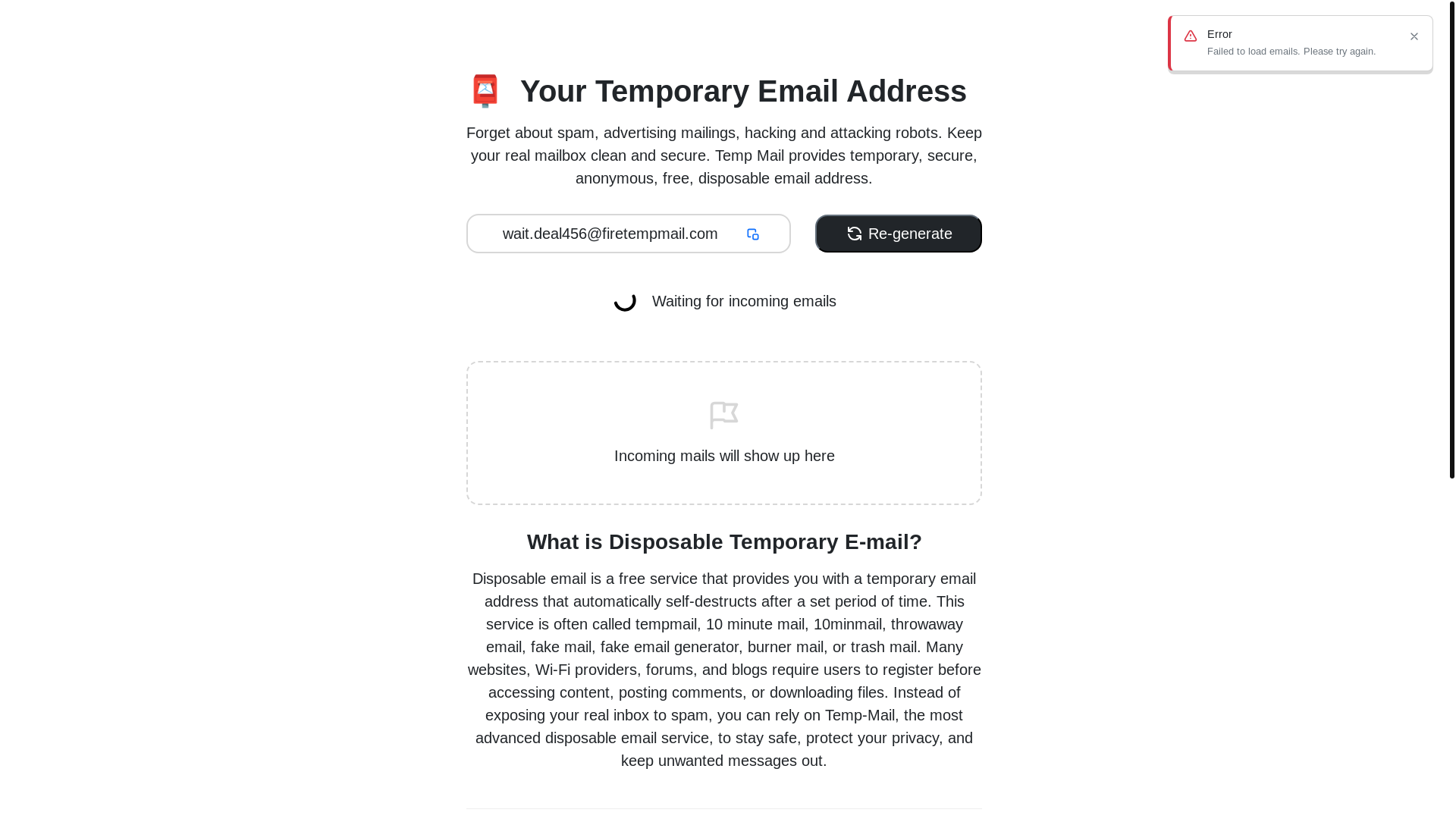 website screenshot of https://firetempmail-frontend.pages.dev/