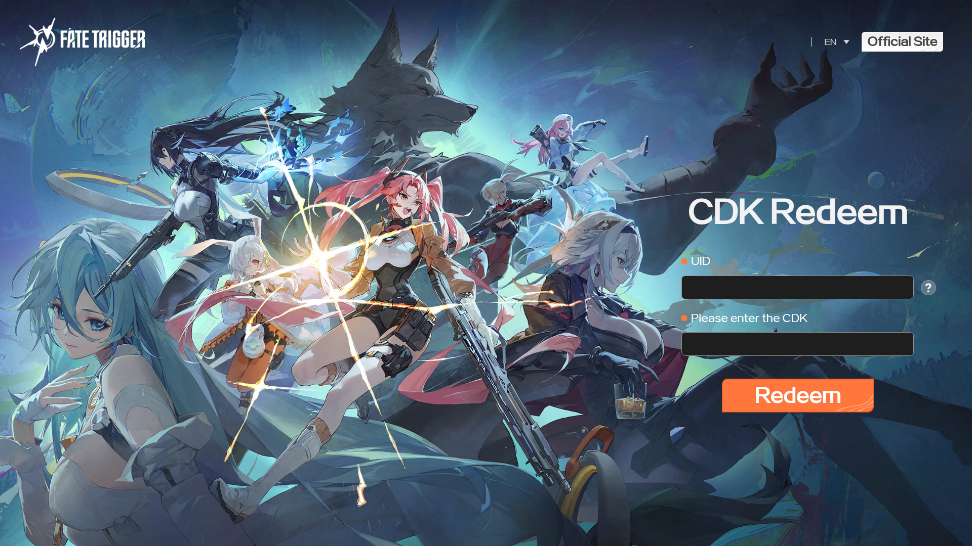 website screenshot of https://h5.fatetrigger.com/act/cdkredeem/#/?lang=en
