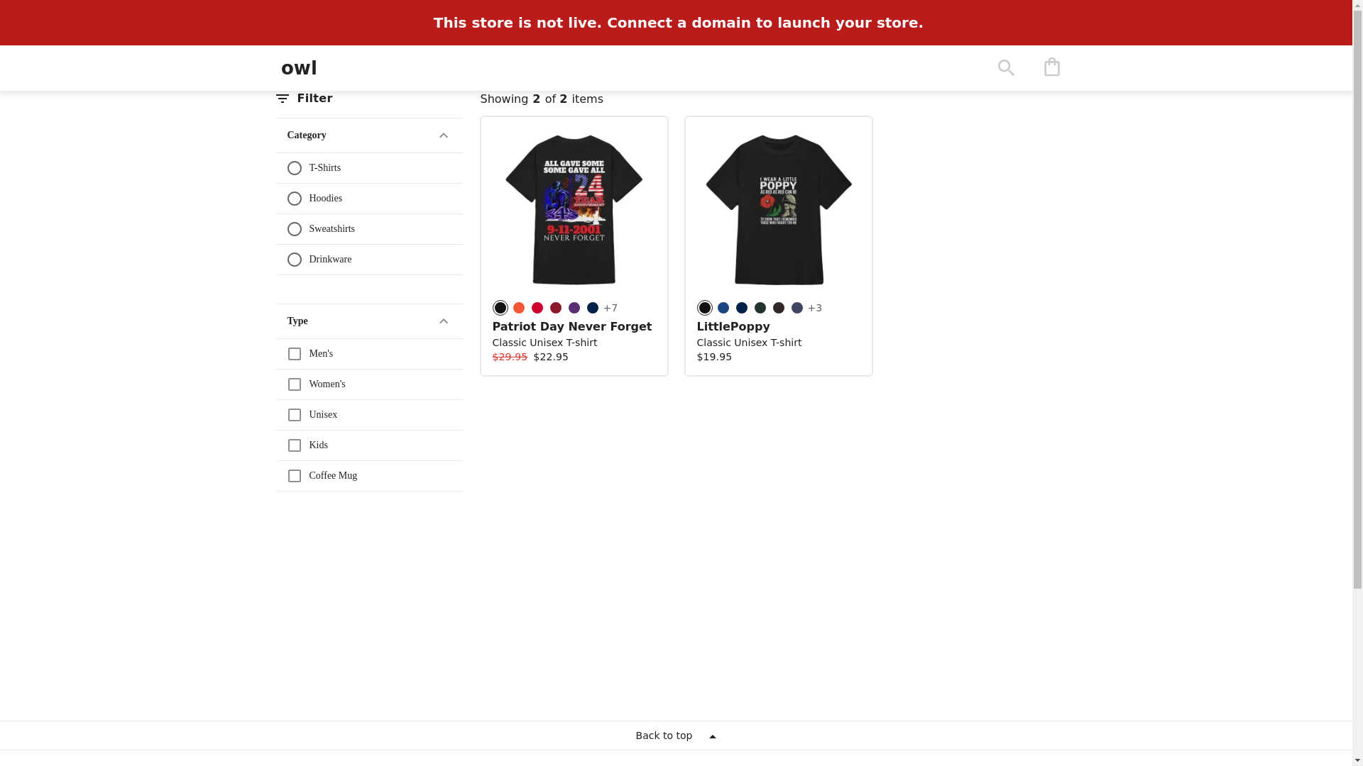 website screenshot of https://teeowl.store/