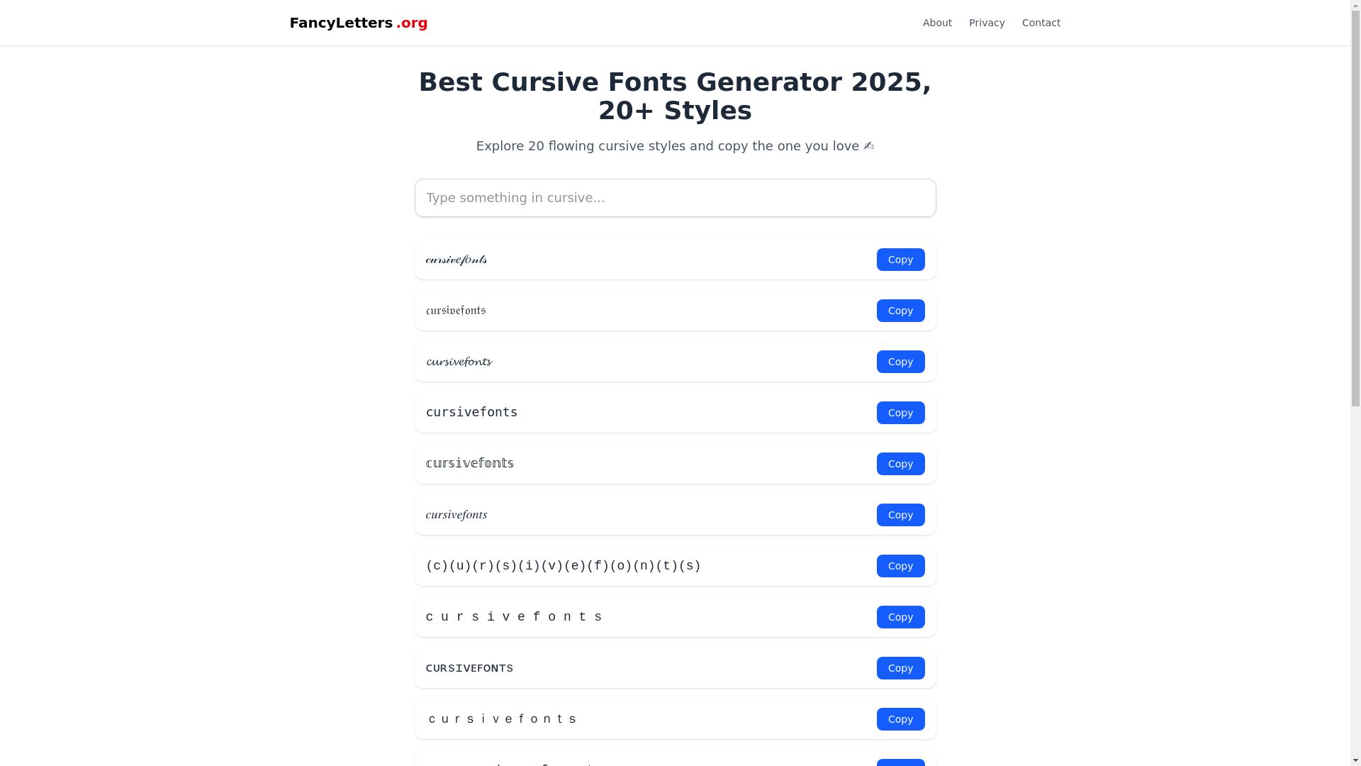 website screenshot of https://fancycursivefonts.pages.dev/