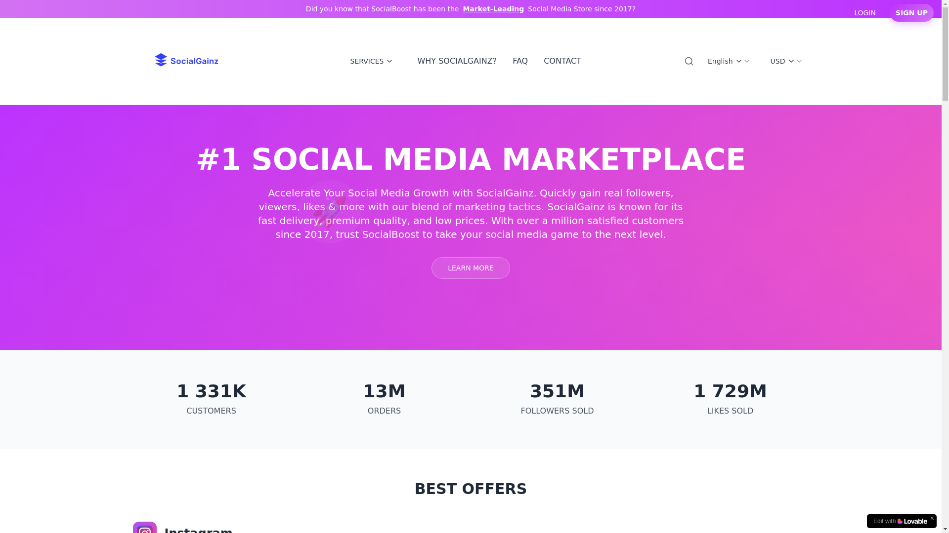 website screenshot of https://socialgainz.shop/