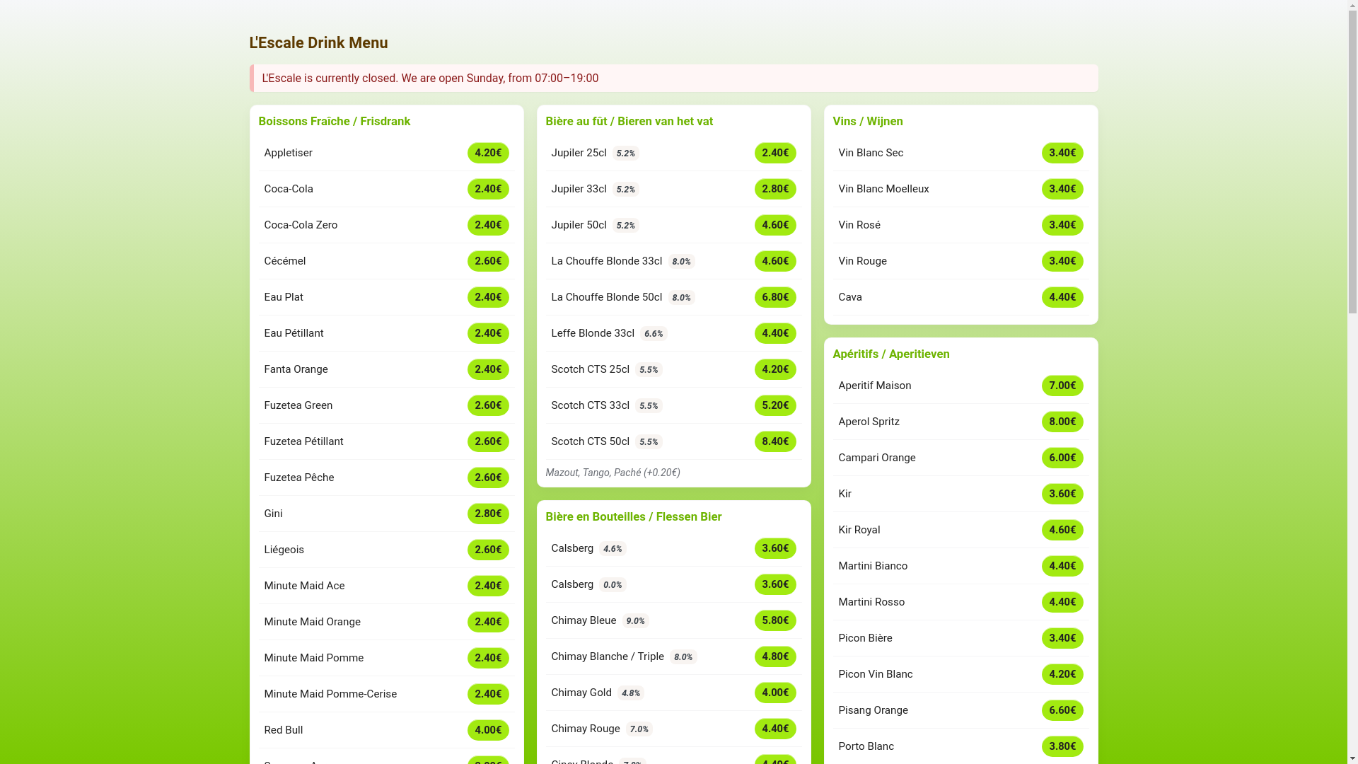 website screenshot of https://menu.lescalebomal.be/