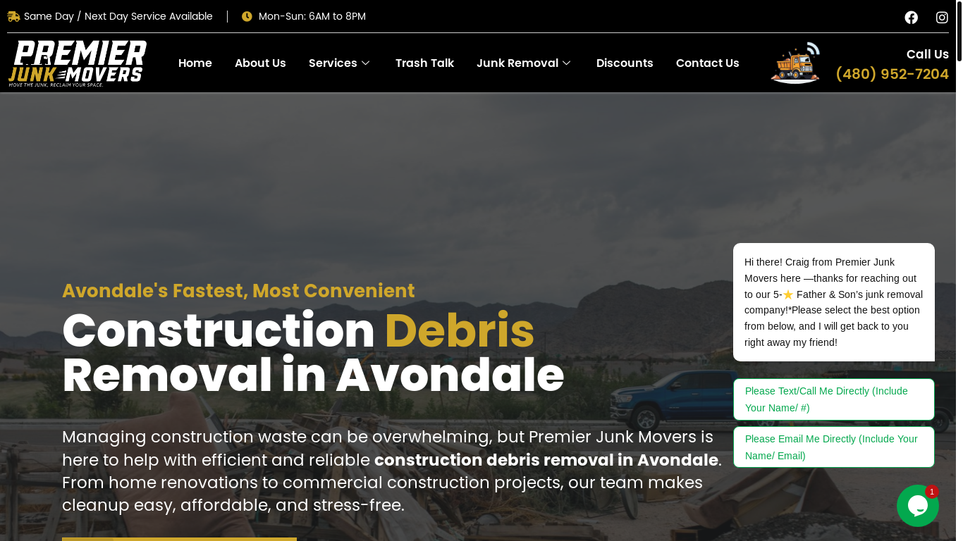 website screenshot of https://premierjunkmovers.com/construction-debris-removal-in-avondale/