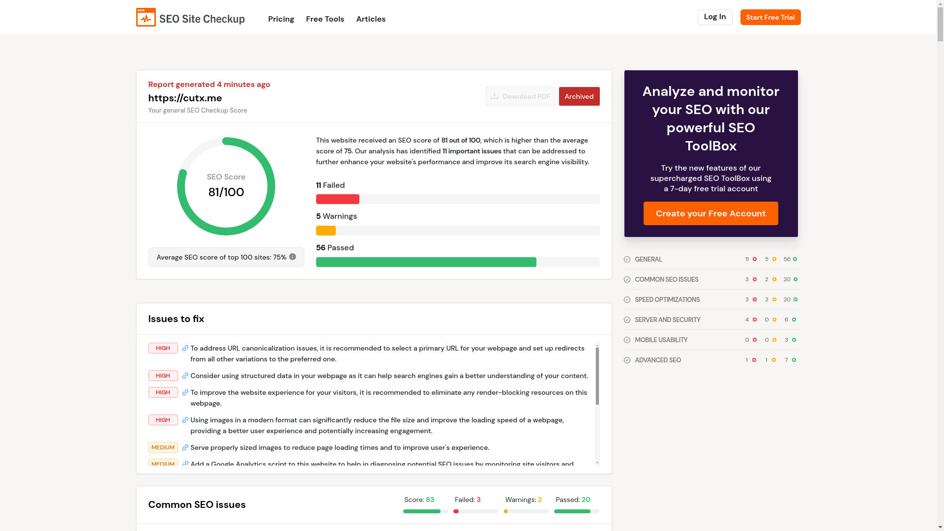 website screenshot of https://seositecheckup.com/seo-audit/cutx.me