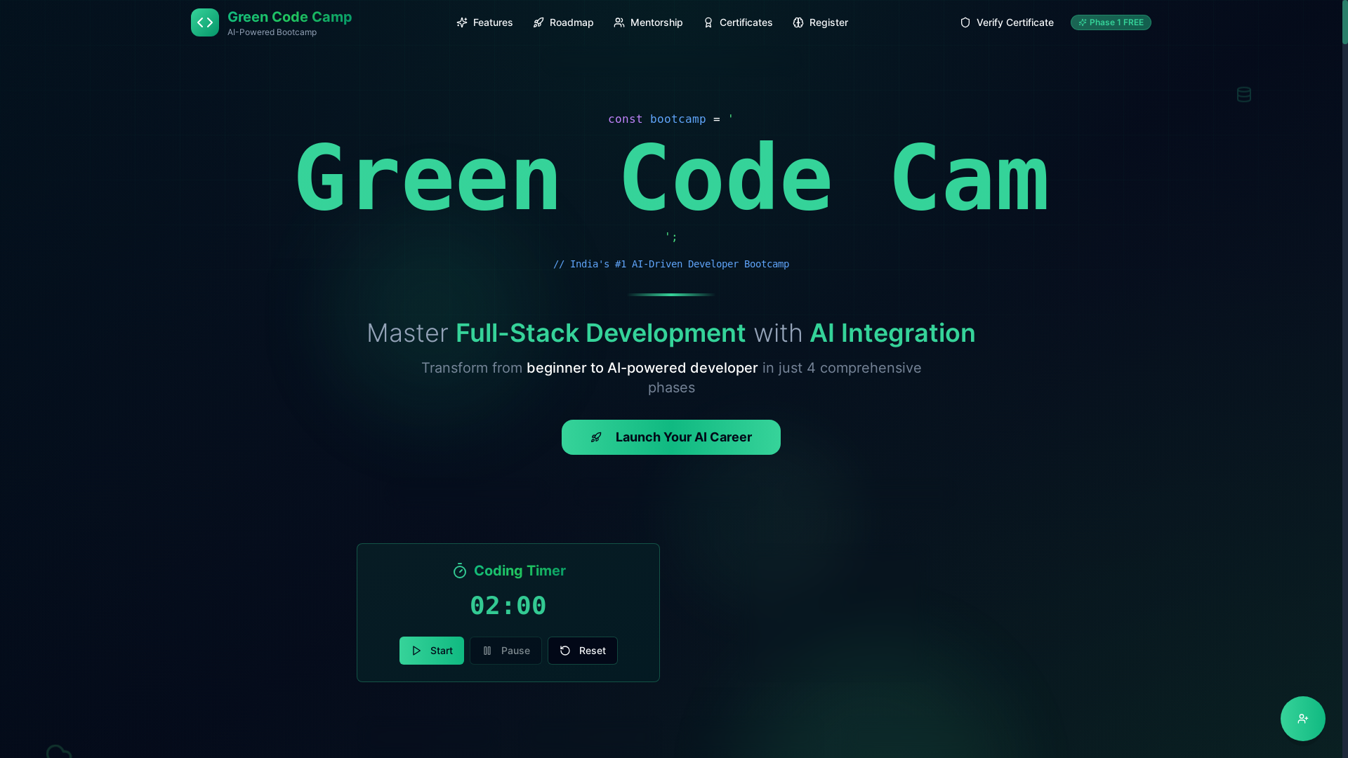 website screenshot of https://greencodecamp.com/