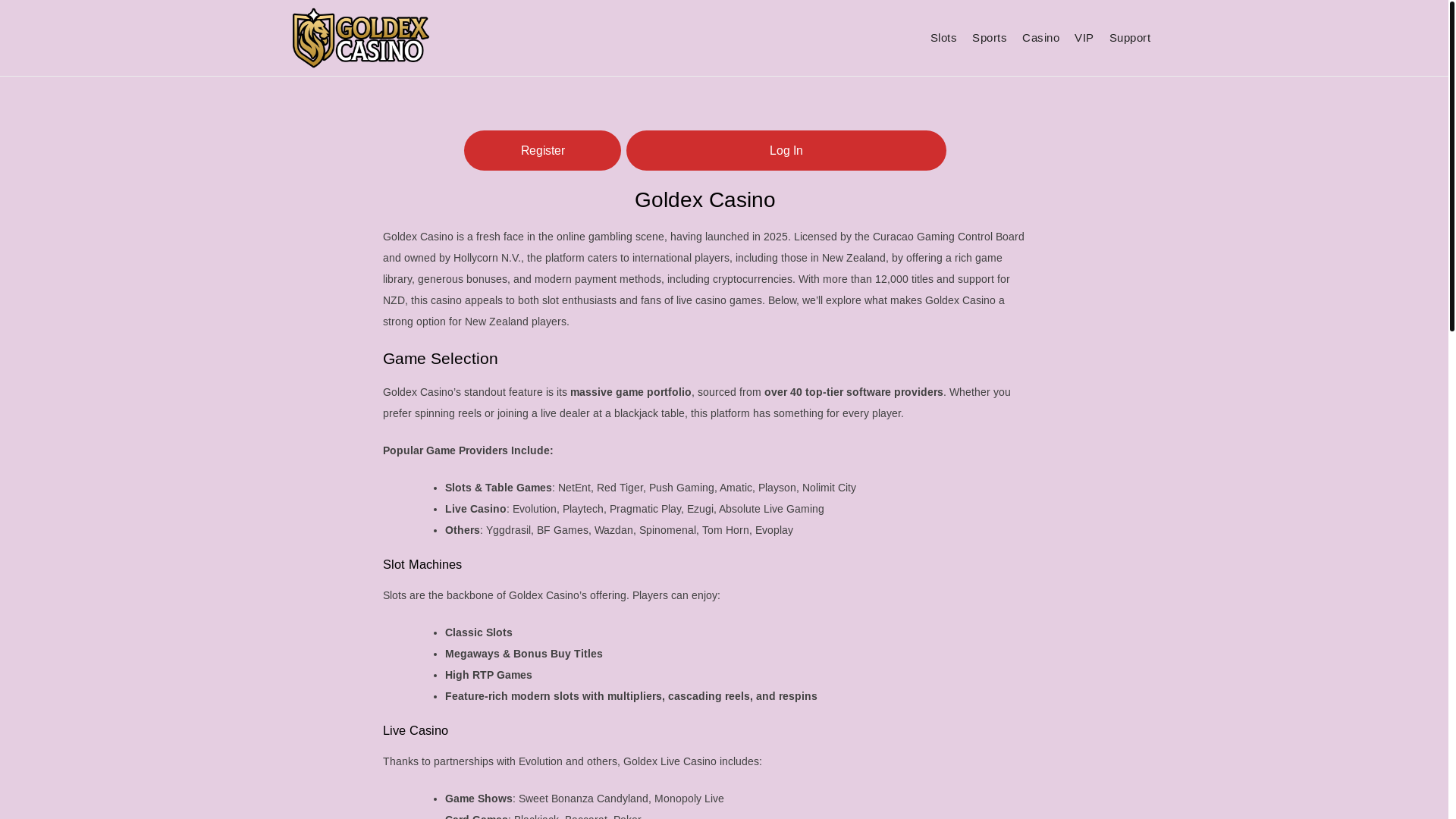 website screenshot of https://goldexcasino.online/