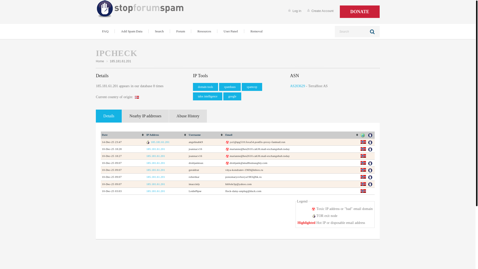website screenshot of https://www.stopforumspam.com/ipcheck/185.181.61.201