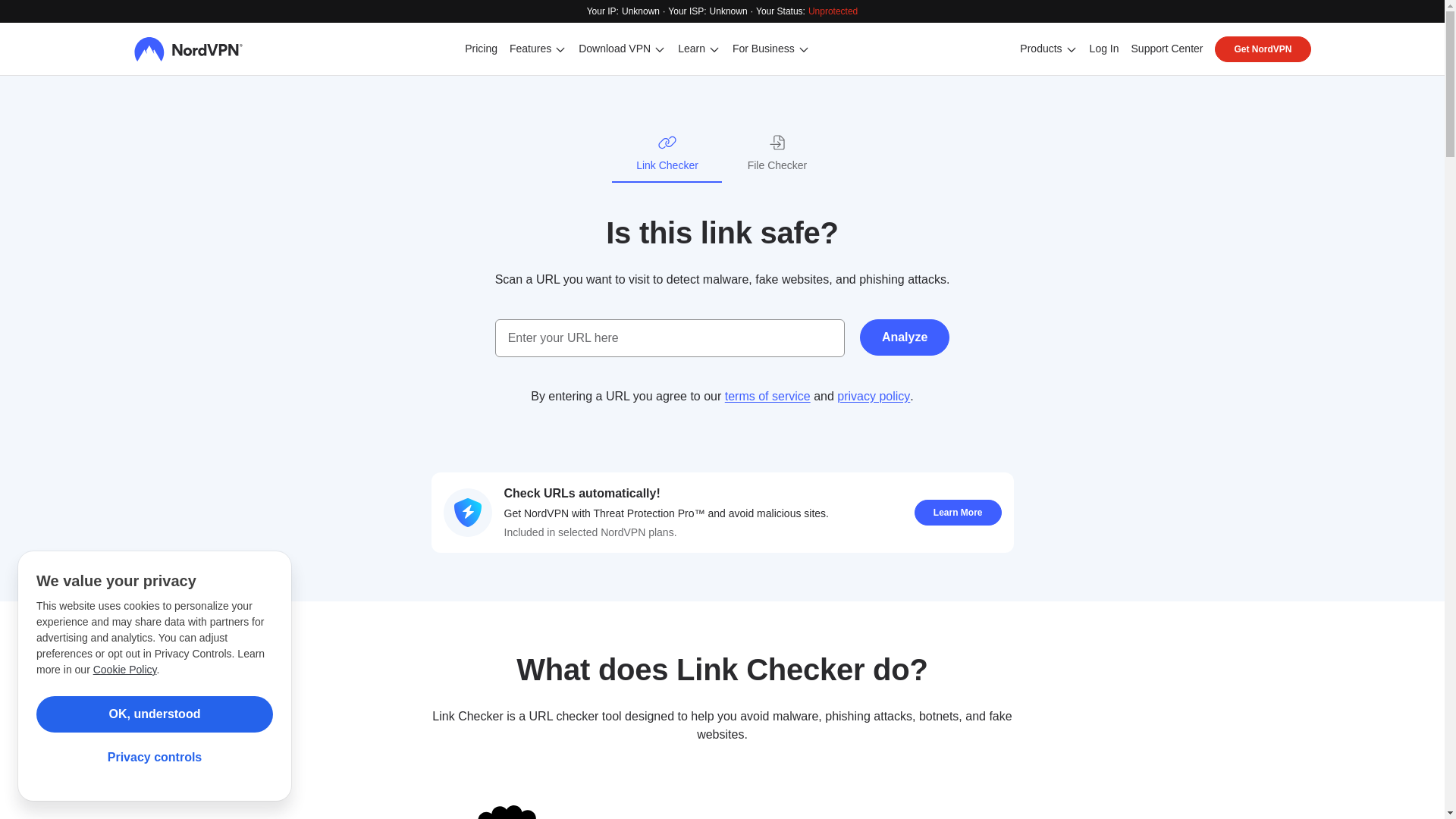 website screenshot of https://nordvpn.com/link-checker/