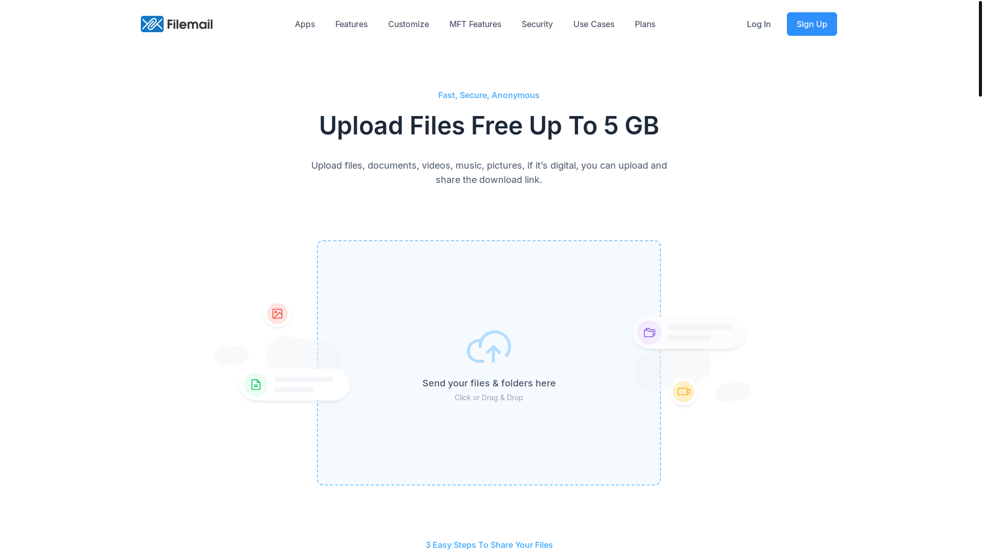 website screenshot of https://www.filemail.com/features/upload-files