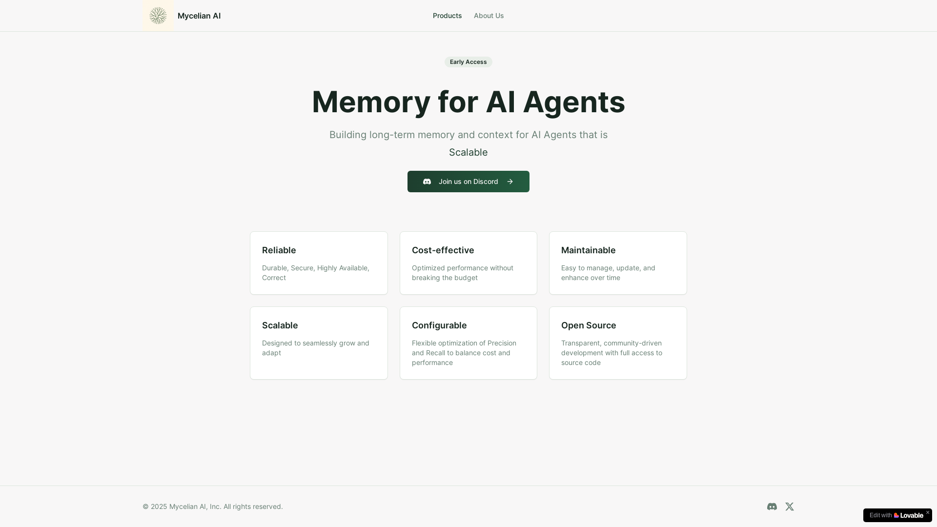 website screenshot of https://mycelian.ai/