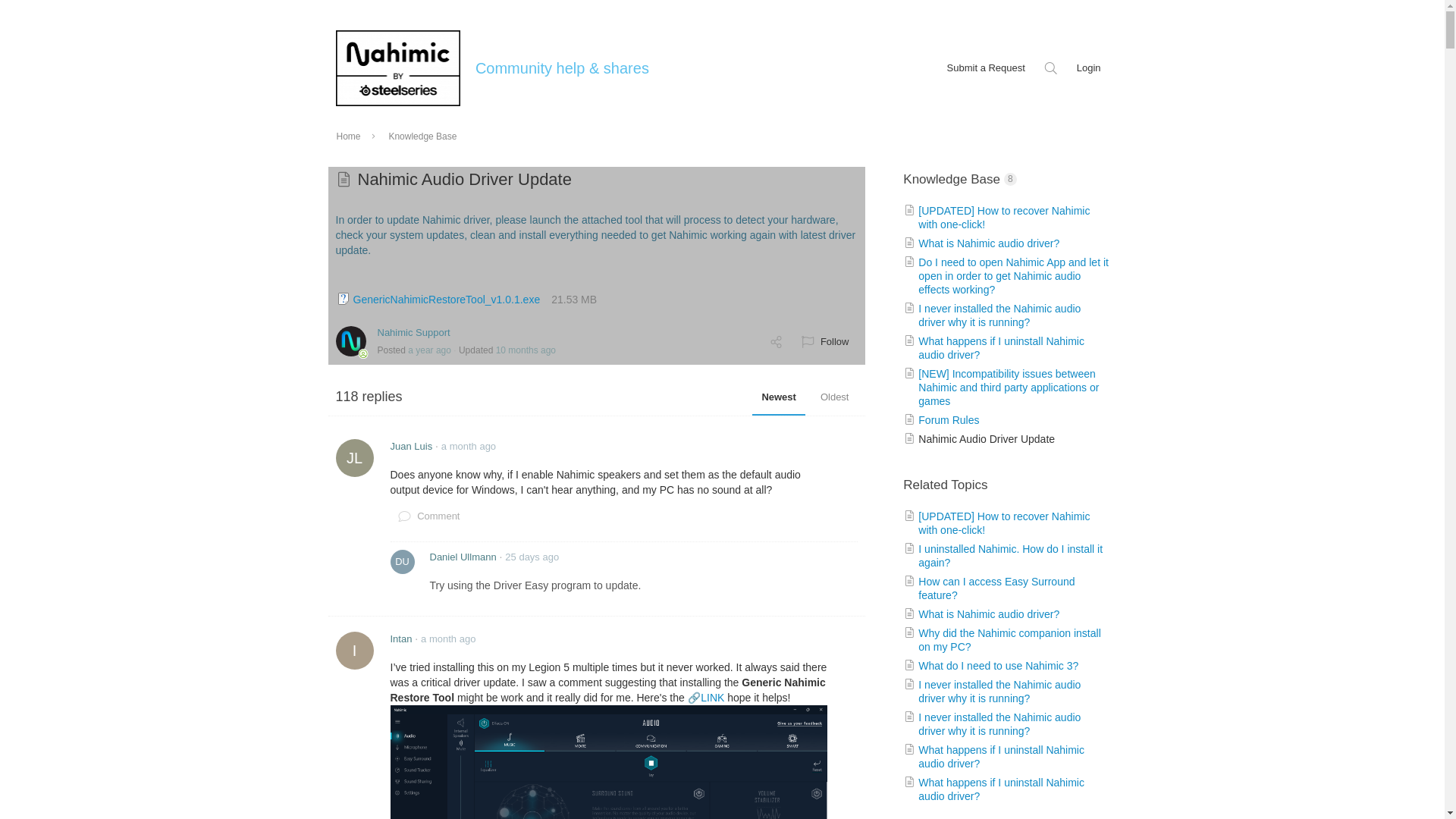website screenshot of https://nahimic.helprace.com/i768-nahimic-audio-driver-update
