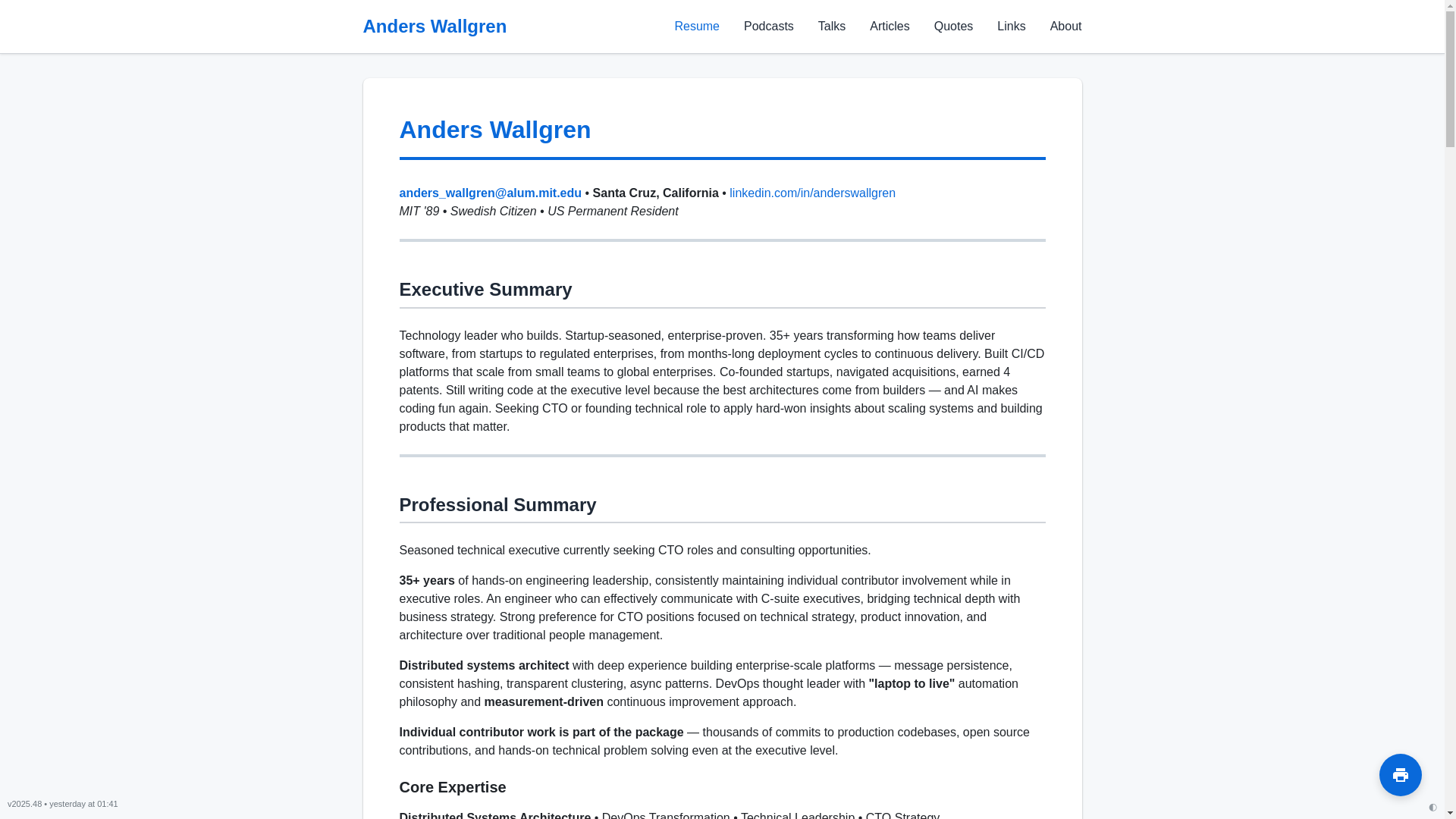 website screenshot of https://resume.anderswallgren.com/