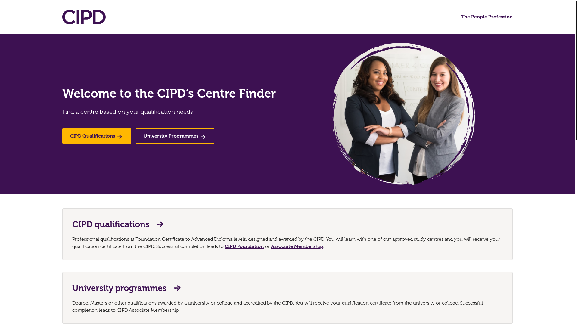website screenshot of https://findacentre.cipd.org/